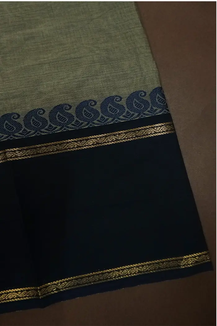DARK GREY WITH BLUE CHARCOAL KANCHI COTTON SAREE - Queens Jewel Emporium