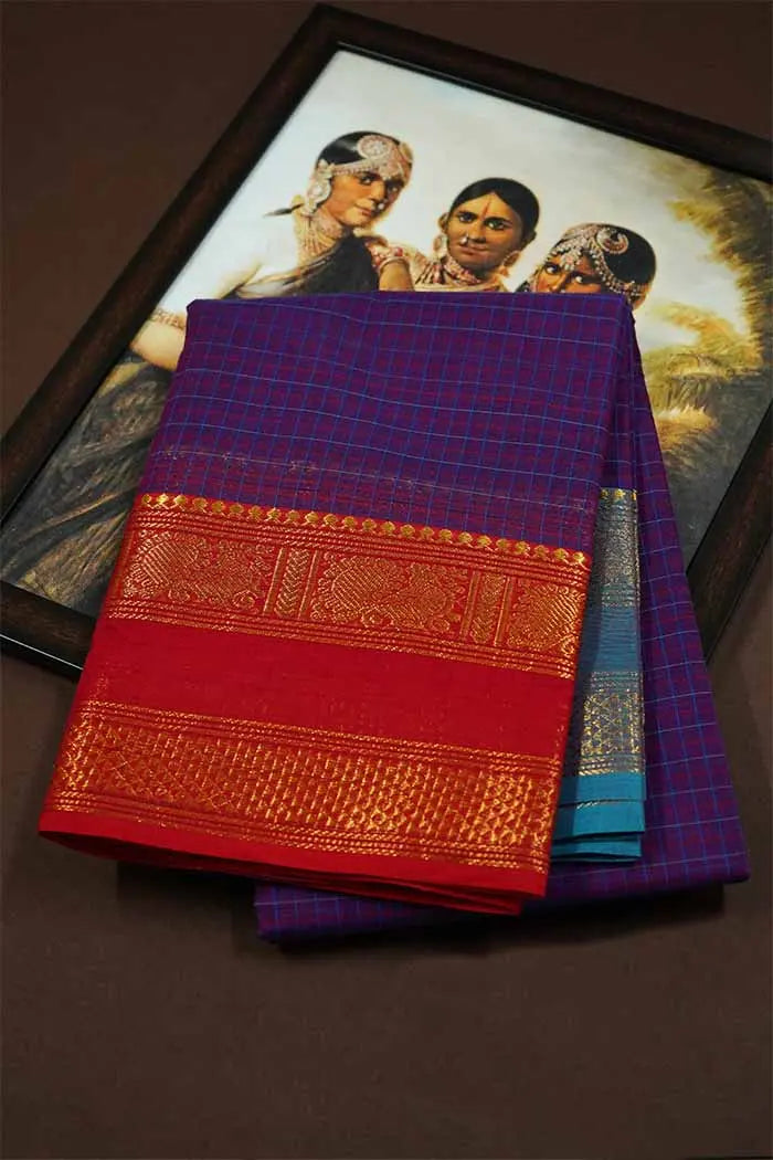 DARK LAVENDER BRICK RED GOLDEN BORDER KANCHI COTTON SAREE - Queens Jewel Emporium