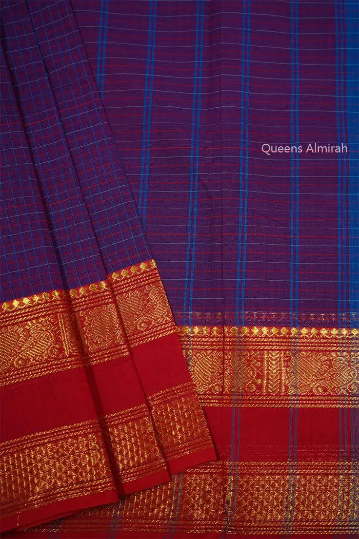 DARK LAVENDER BRICK RED GOLDEN BORDER KANCHI COTTON SAREE - Queens Jewel Emporium
