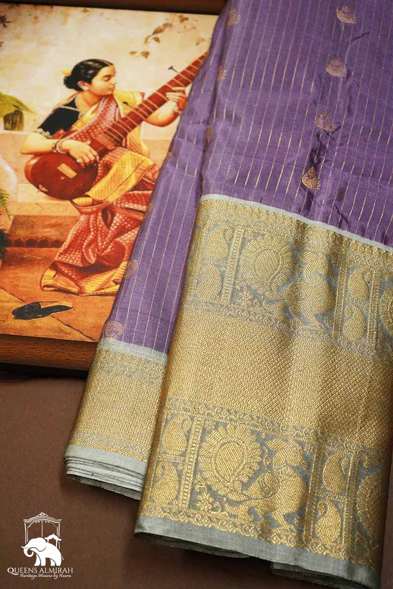 DARK LAVENDER WITH BLUISH GREY MANGALGIRI GADWAL SAREE - Queens Jewel Emporium
