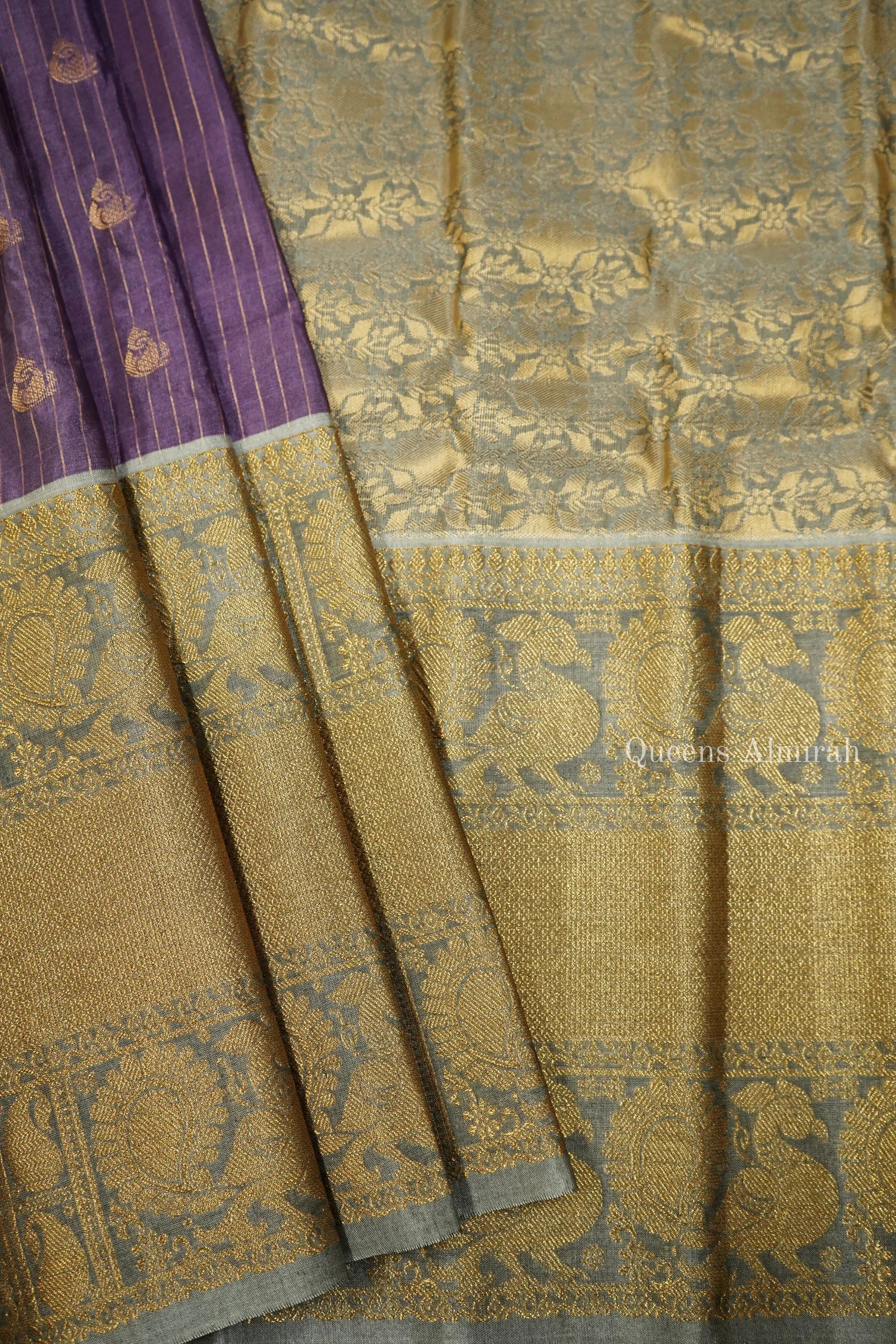 DARK LAVENDER WITH BLUISH GREY MANGALGIRI GADWAL SAREE - Queens Jewel Emporium