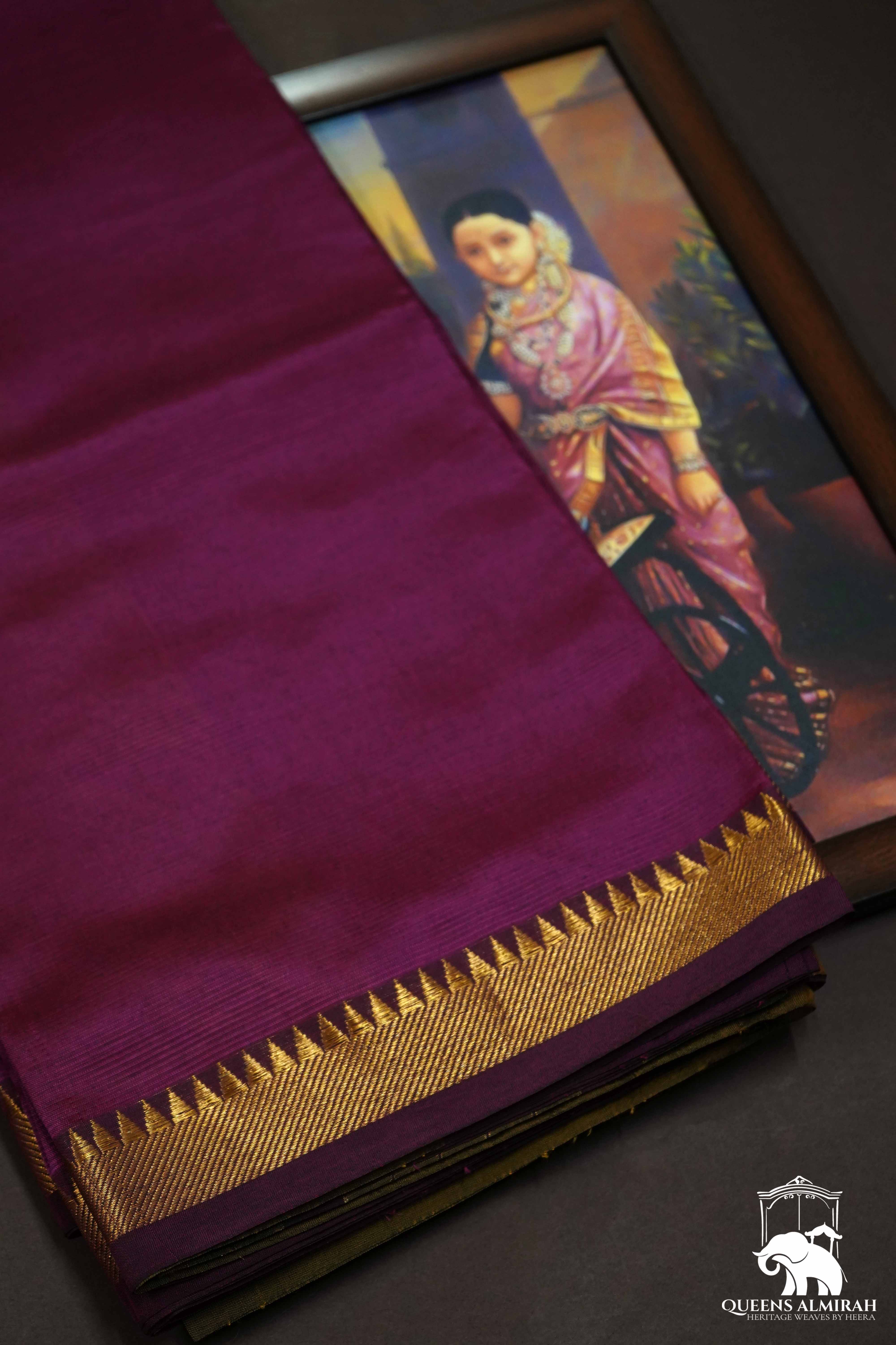 DARK MAGENTA WITH GOLD BORDER MANGALGIRI SAREE - Queens Jewel Emporium
