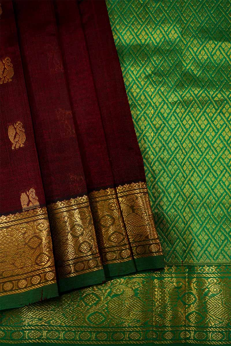 DARK MAROON WITH LEAF GREEN KANCHI SILK COTTON SAREE - Queens Jewel Emporium