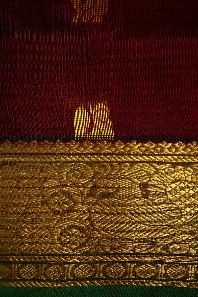 DARK MAROON WITH LEAF GREEN KANCHI SILK COTTON SAREE - Queens Jewel Emporium