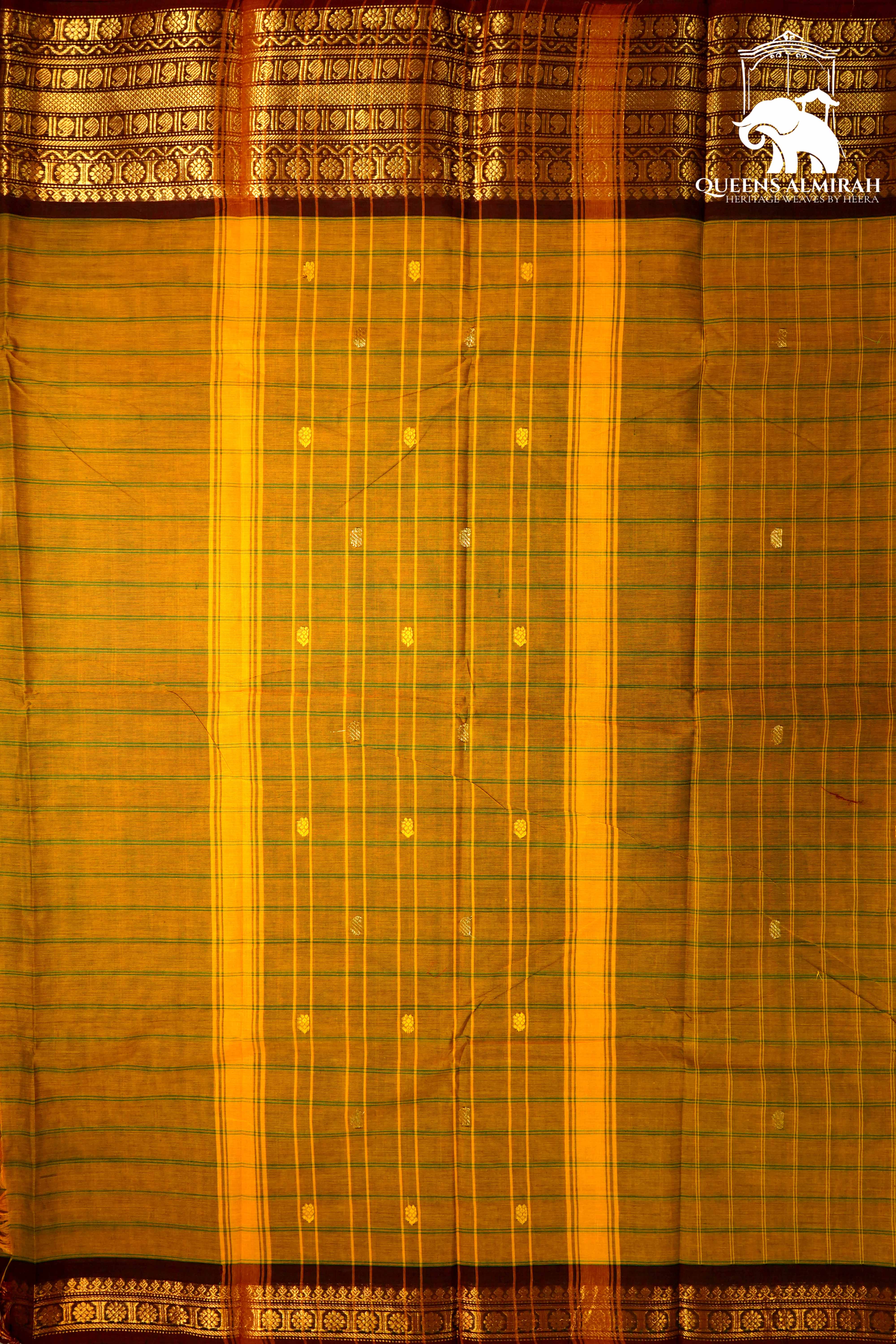 DARK MUSTARD WITH COCO BROWN KANCHI COTTON SAREE - Queens Jewel Emporium