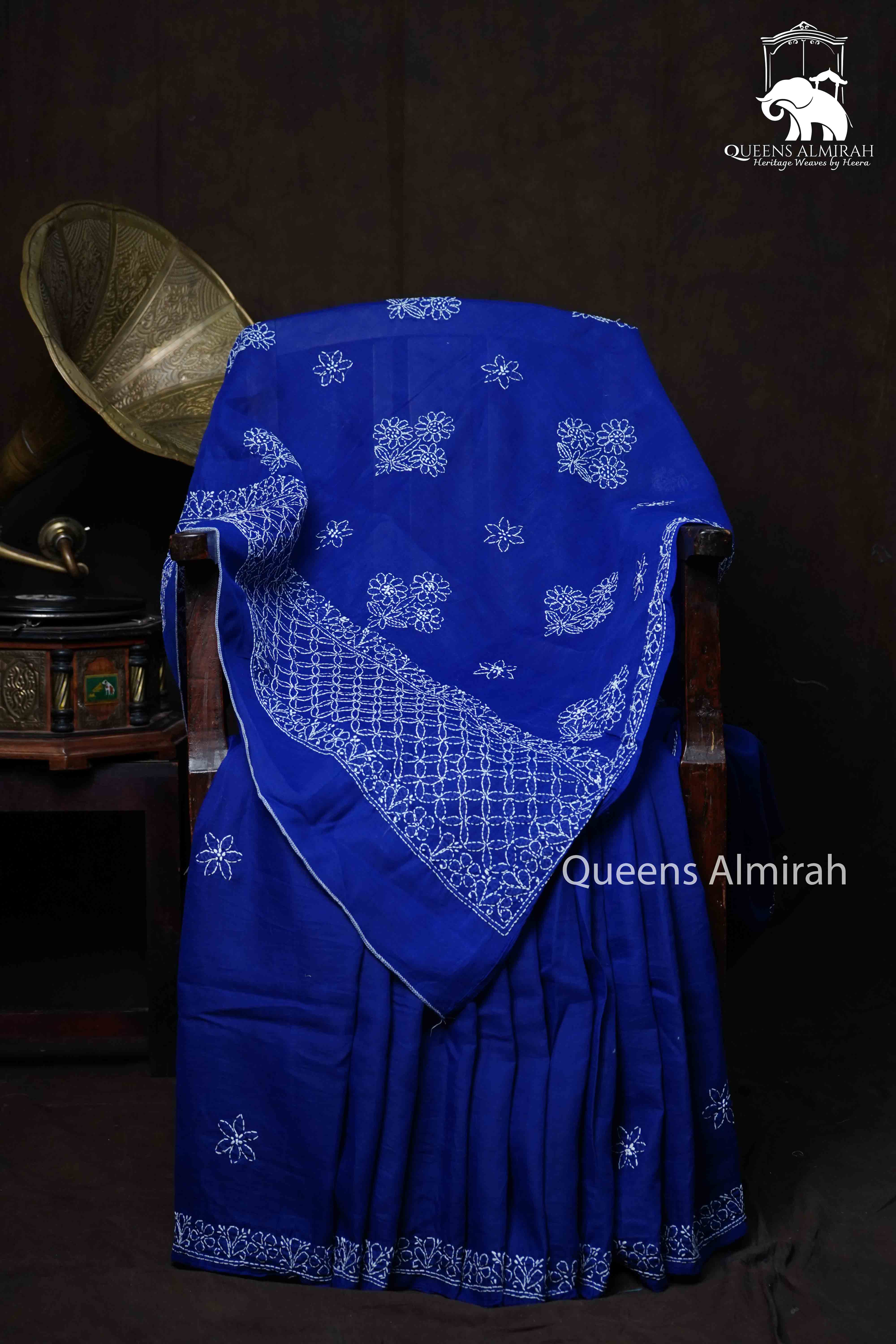 DARK NAVVY CHIKANAKRI COTTONSAREE - Queens Jewel Emporium