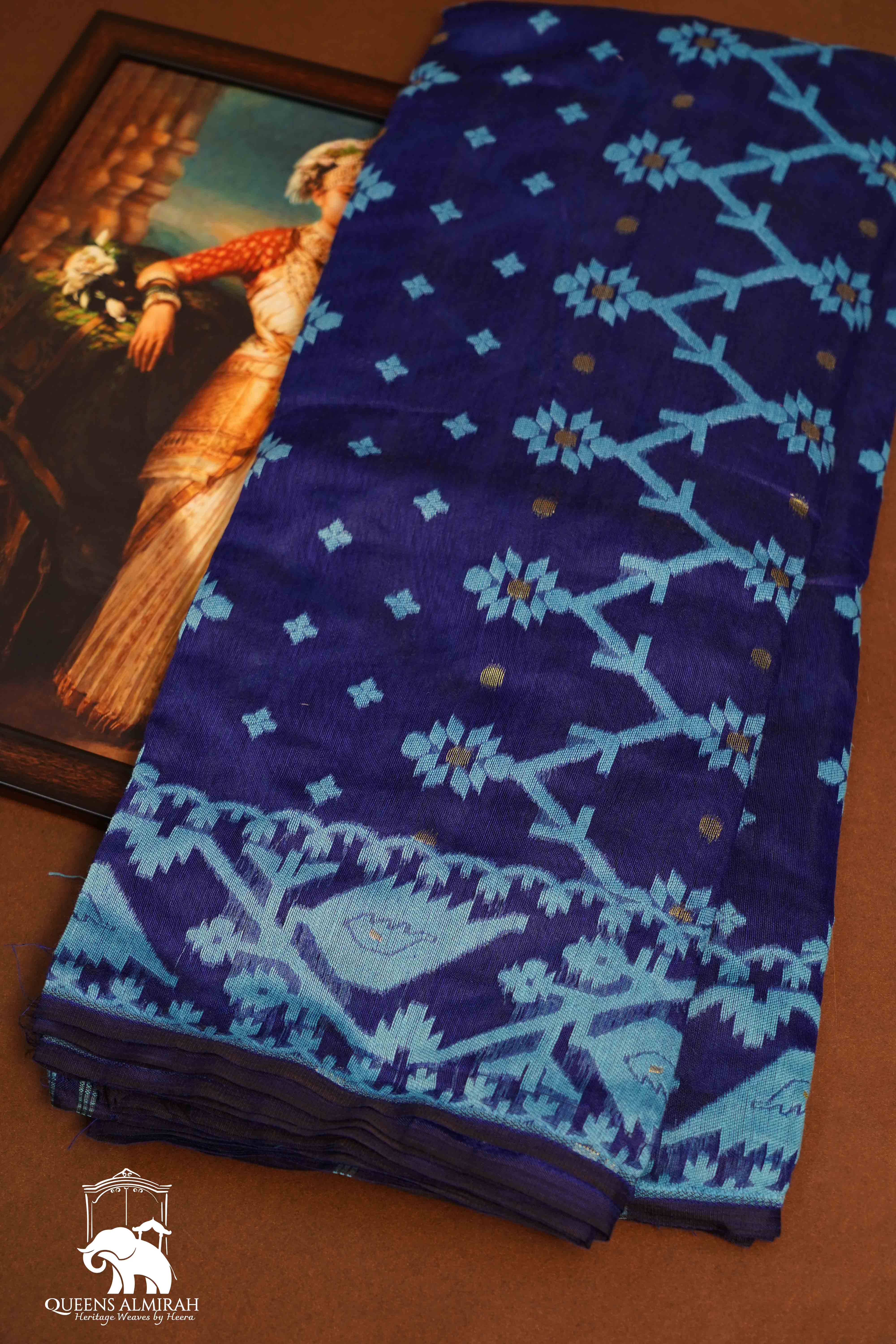 DARK NAVY JAMDANI COTTON SAREE - Queens Jewel Emporium