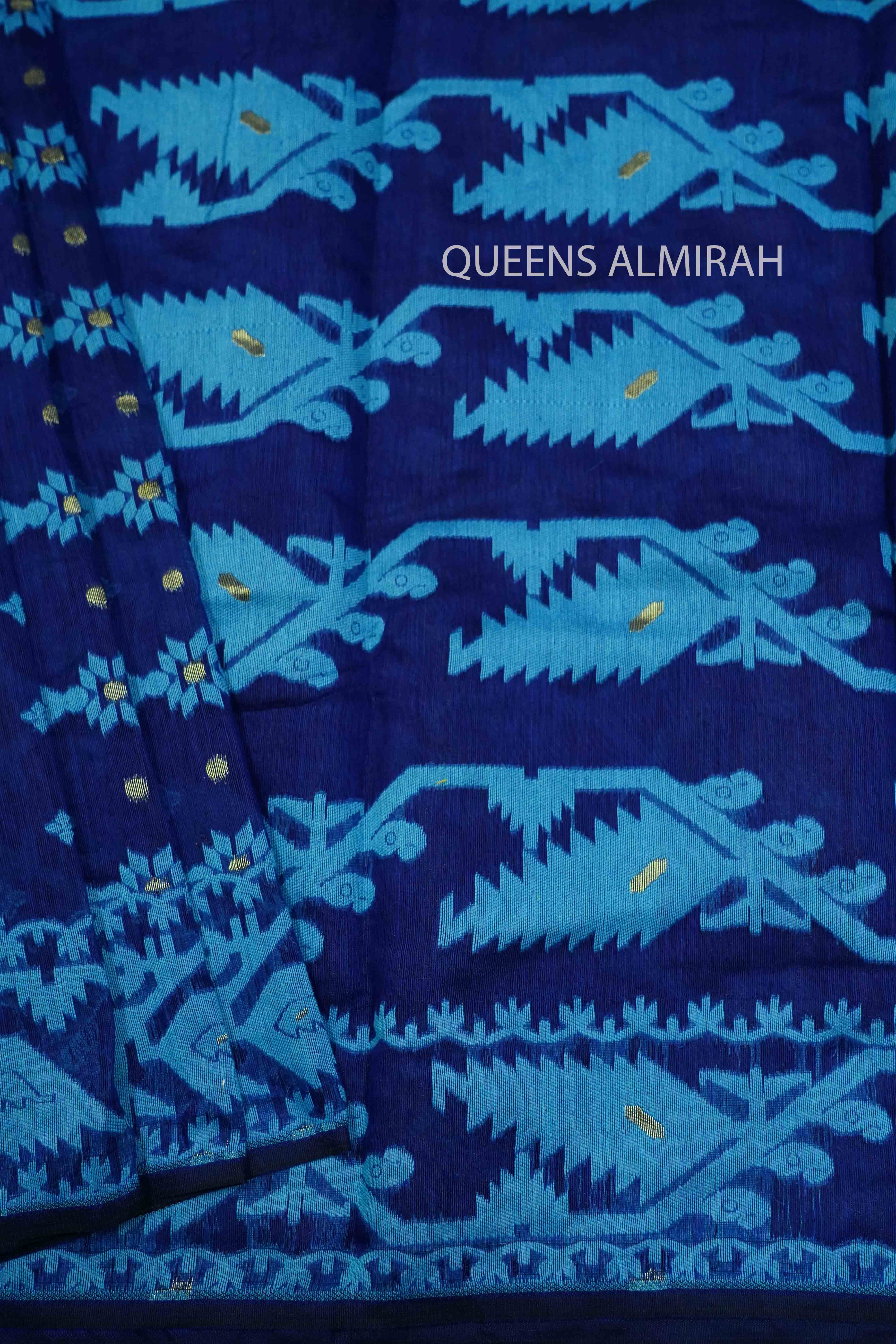 DARK NAVY JAMDANI COTTON SAREE - Queens Jewel Emporium