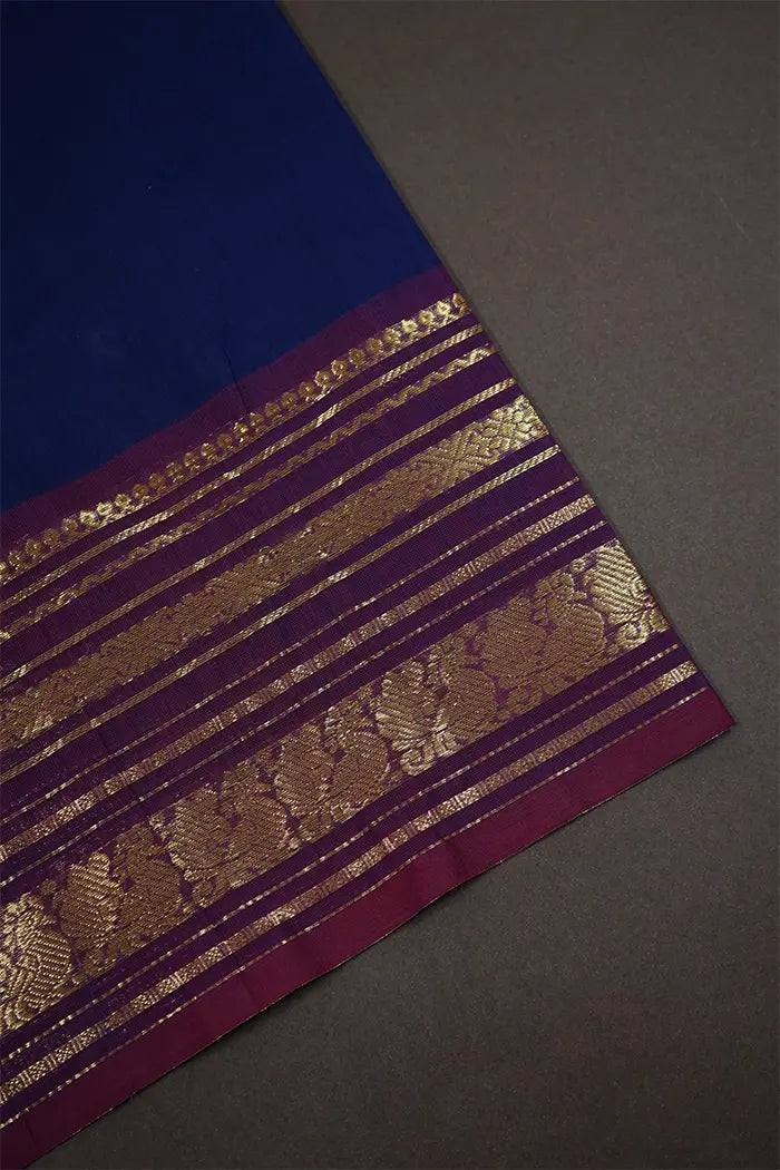 DARK NAVY WITH GREENISH BLUE KANCHI COTTON SAREE - Queens Jewel Emporium
