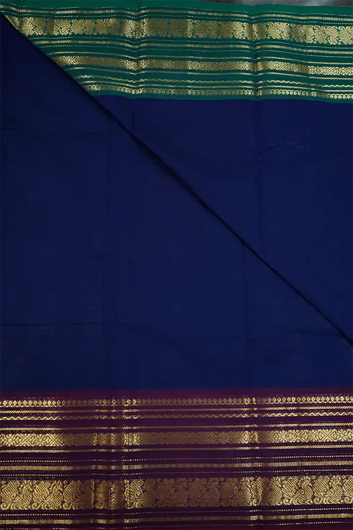 DARK NAVY WITH GREENISH BLUE KANCHI COTTON SAREE - Queens Jewel Emporium