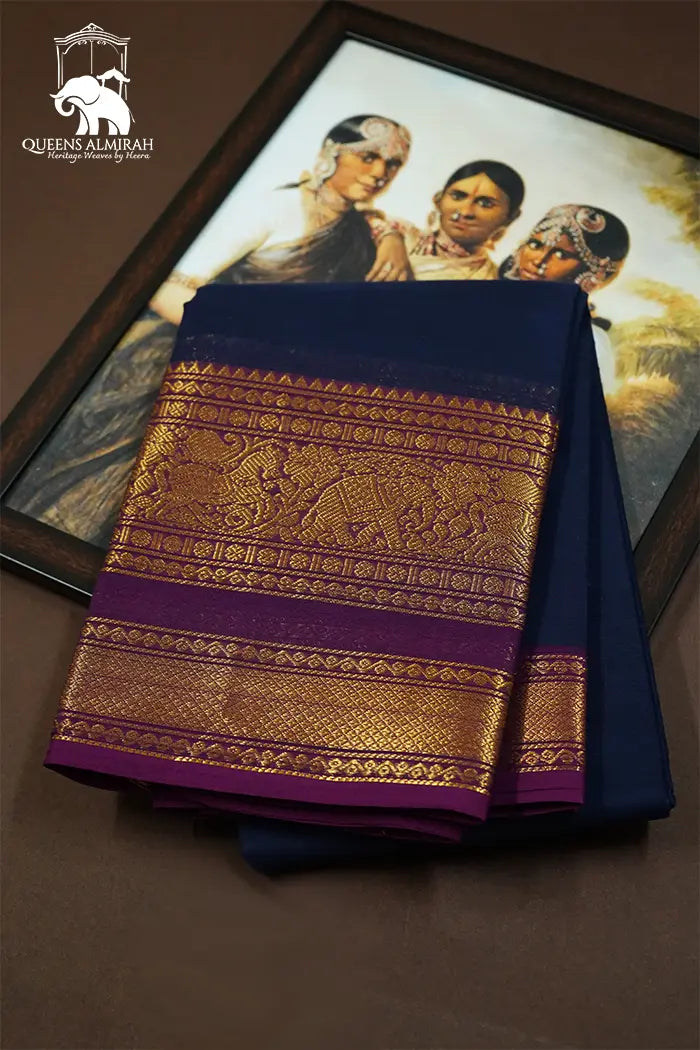 DARK NAVY WITH PURPLE KANCHI COTTON SAREE - Queens Jewel Emporium