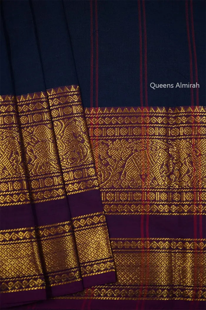 DARK NAVY WITH PURPLE KANCHI COTTON SAREE - Queens Jewel Emporium