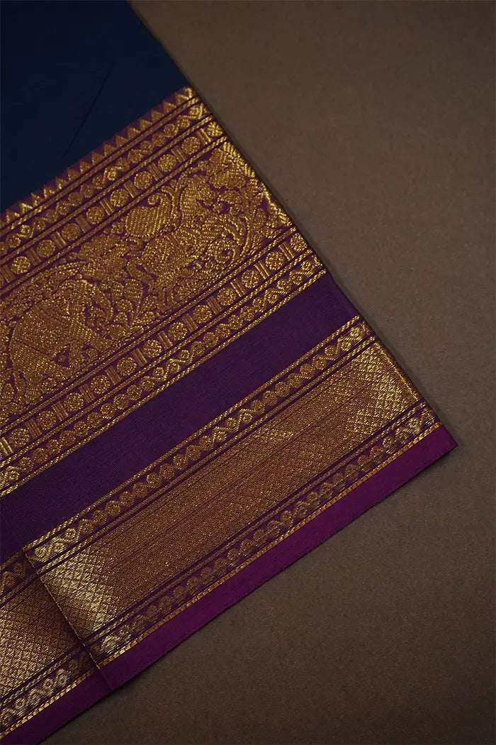 DARK NAVY WITH PURPLE KANCHI COTTON SAREE - Queens Jewel Emporium