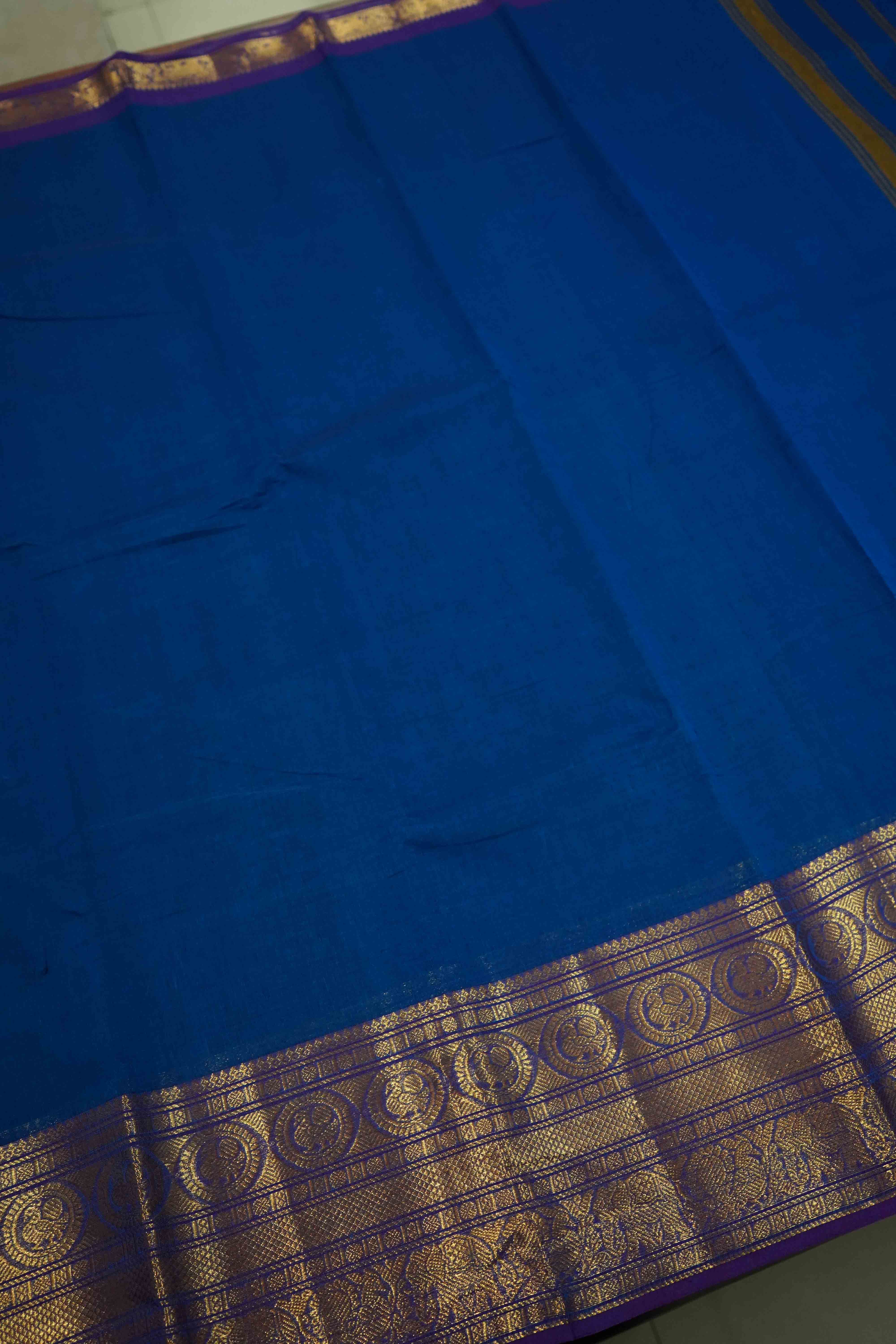 DARK NAVY WITH PURPLE KANCHI COTTON SAREE - Queens Jewel Emporium