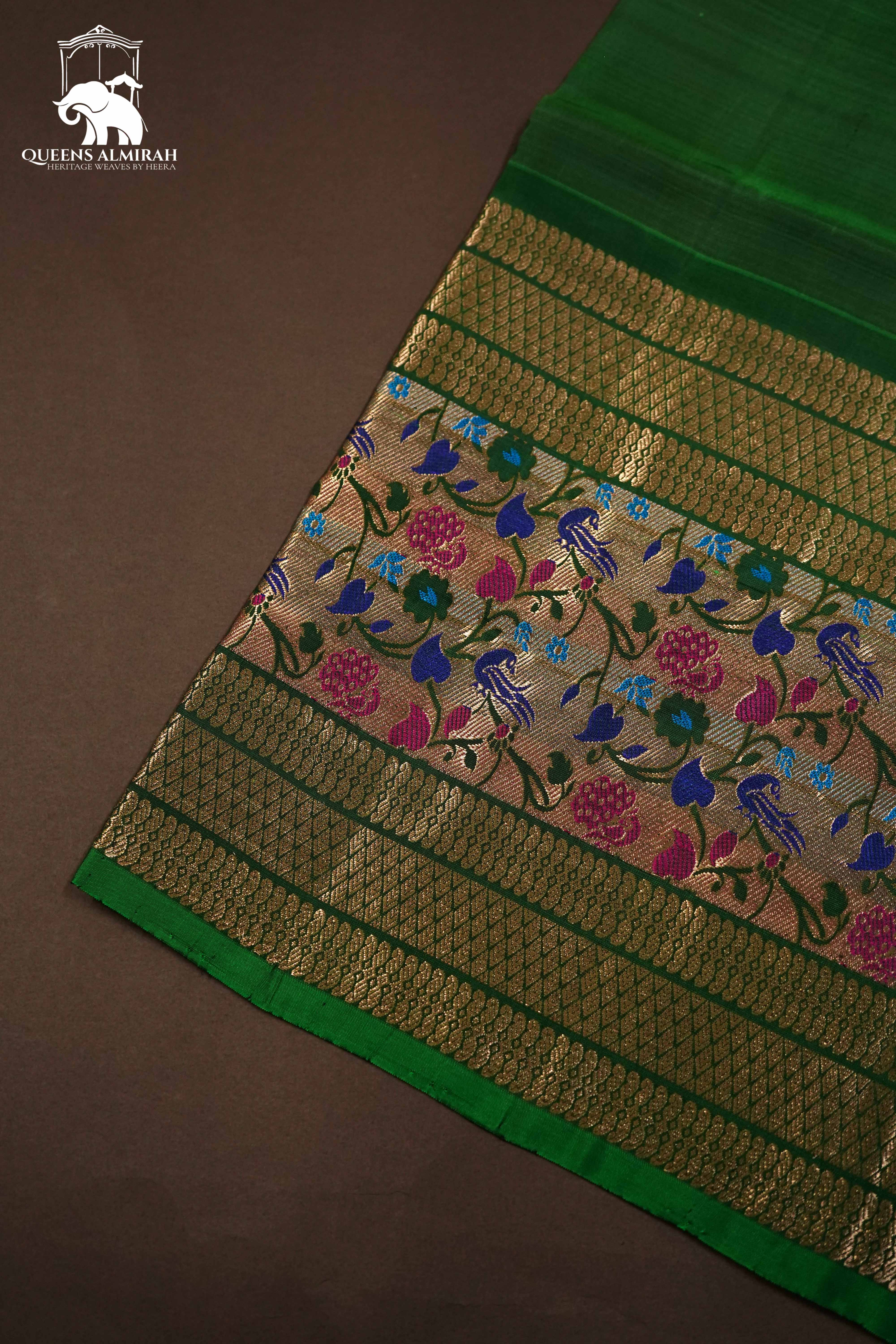 DARK OLIVE GREEN WITH WOVEN BORDER KANCHIVARAM SILK SAREE - Queens Jewel Emporium