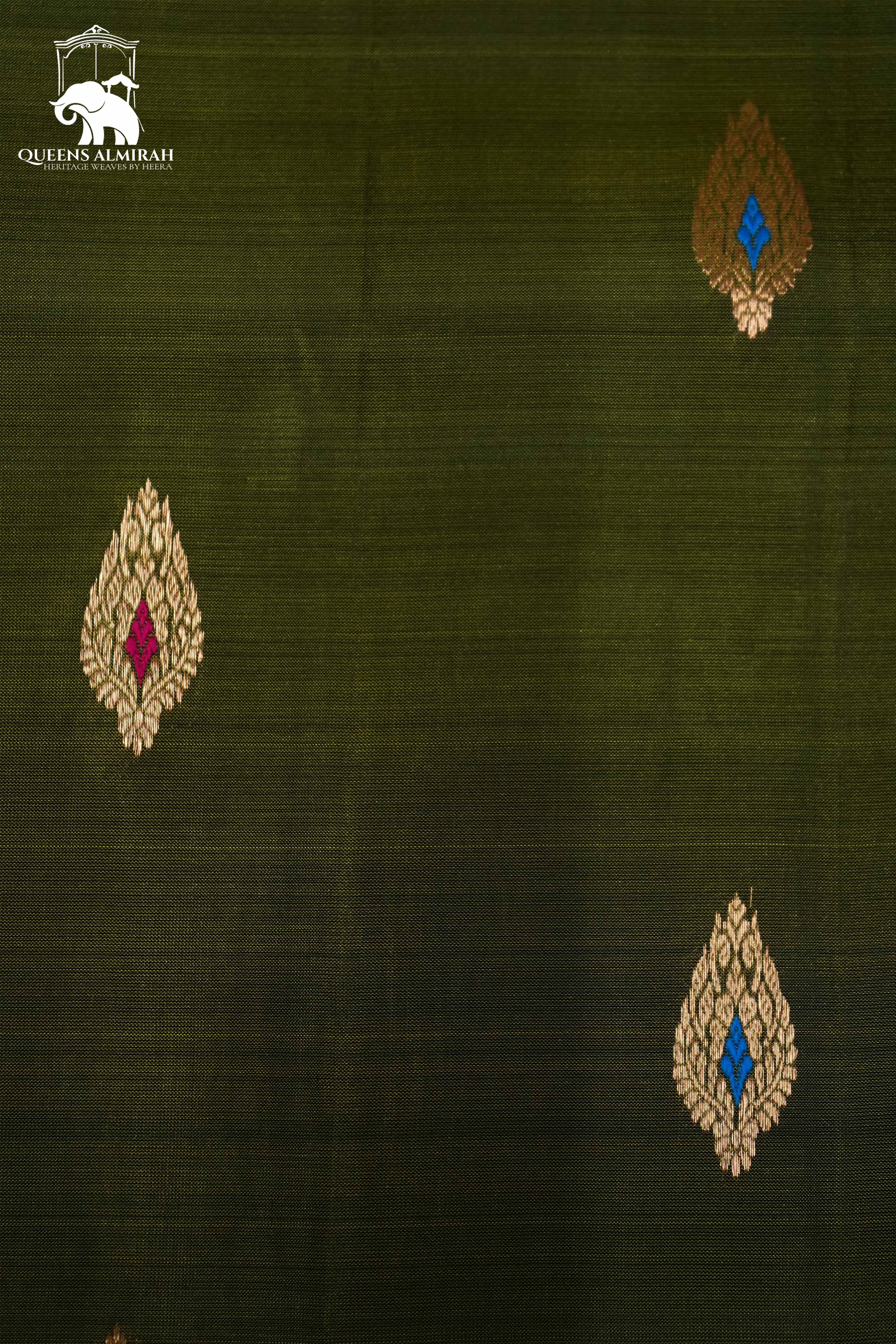 DARK OLIVE GREEN WITH WOVEN BORDER KANCHIVARAM SILK SAREE - Queens Jewel Emporium