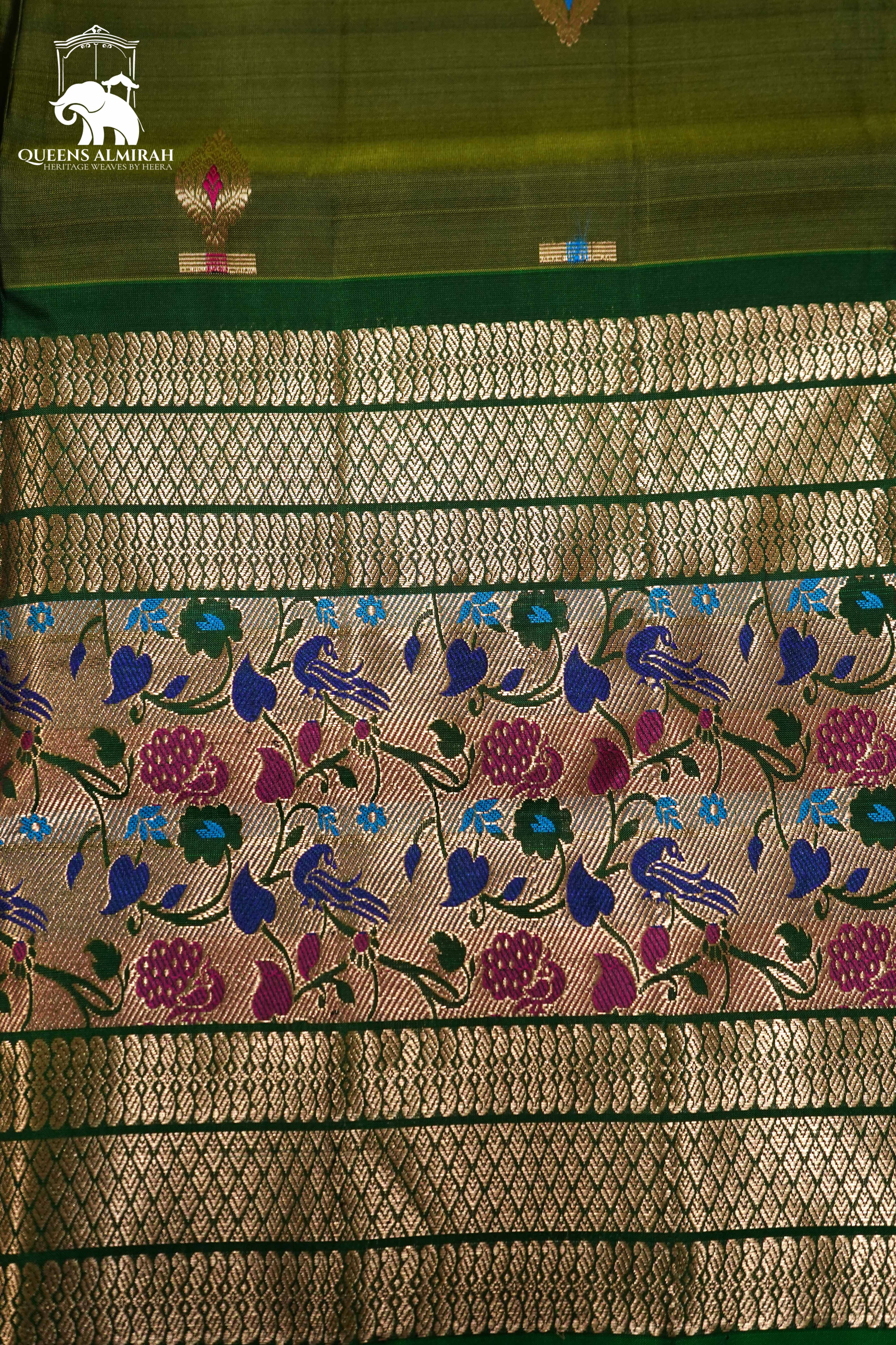 DARK OLIVE GREEN WITH WOVEN BORDER KANCHIVARAM SILK SAREE - Queens Jewel Emporium