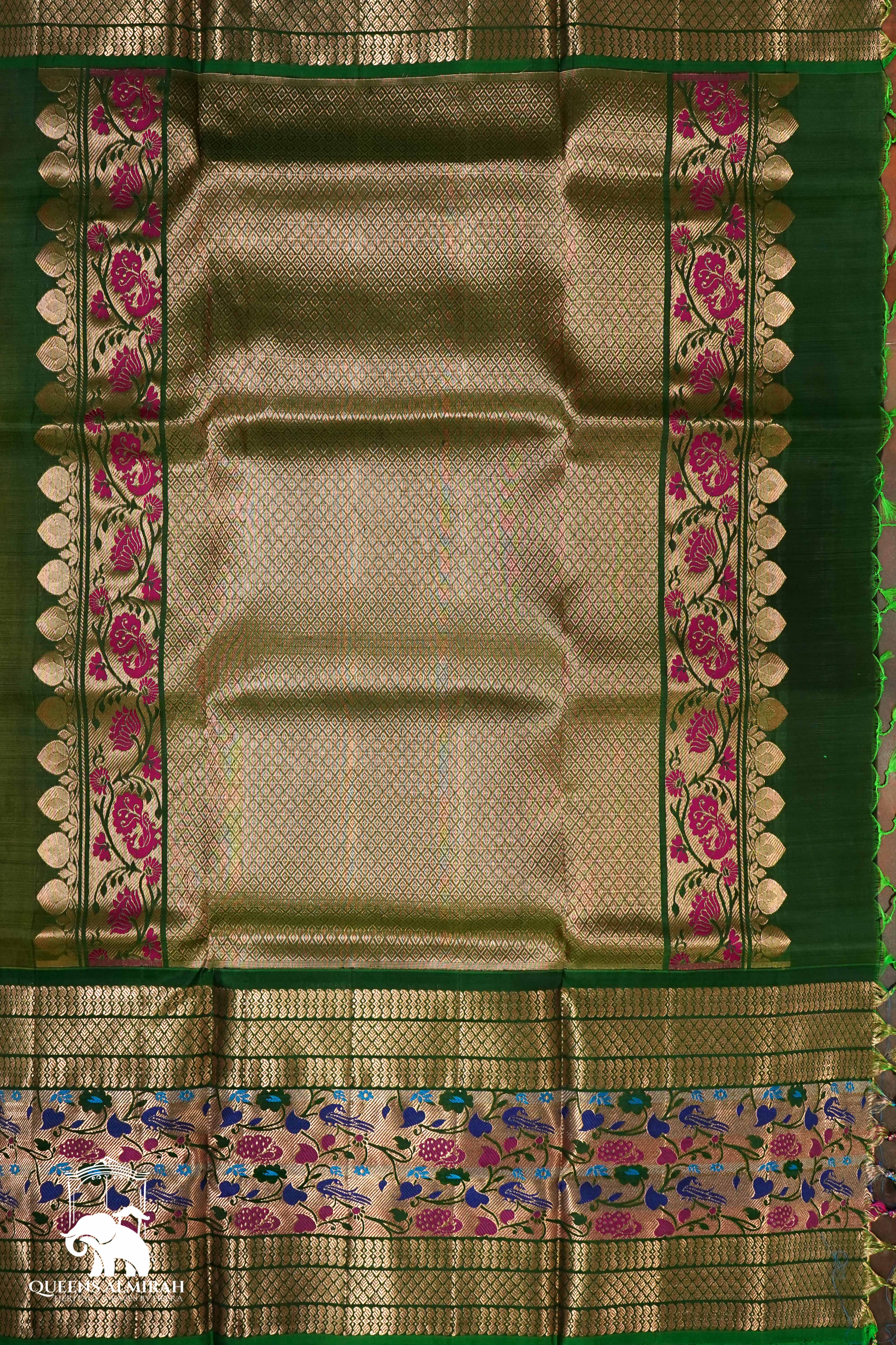 DARK OLIVE GREEN WITH WOVEN BORDER KANCHIVARAM SILK SAREE - Queens Jewel Emporium