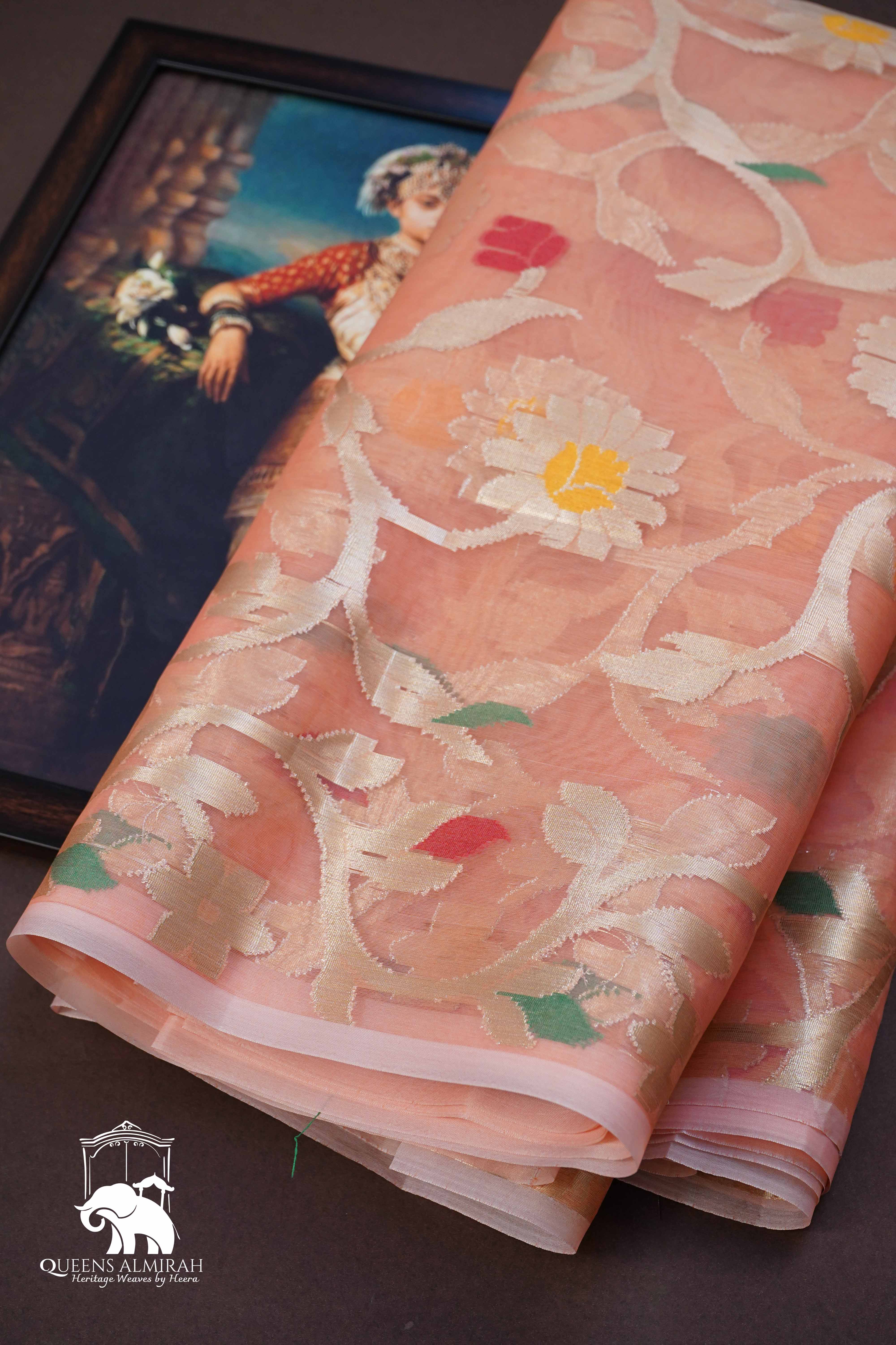 DARK PEACH MUSLIN JAMDANI SAREE - Queens Jewel Emporium