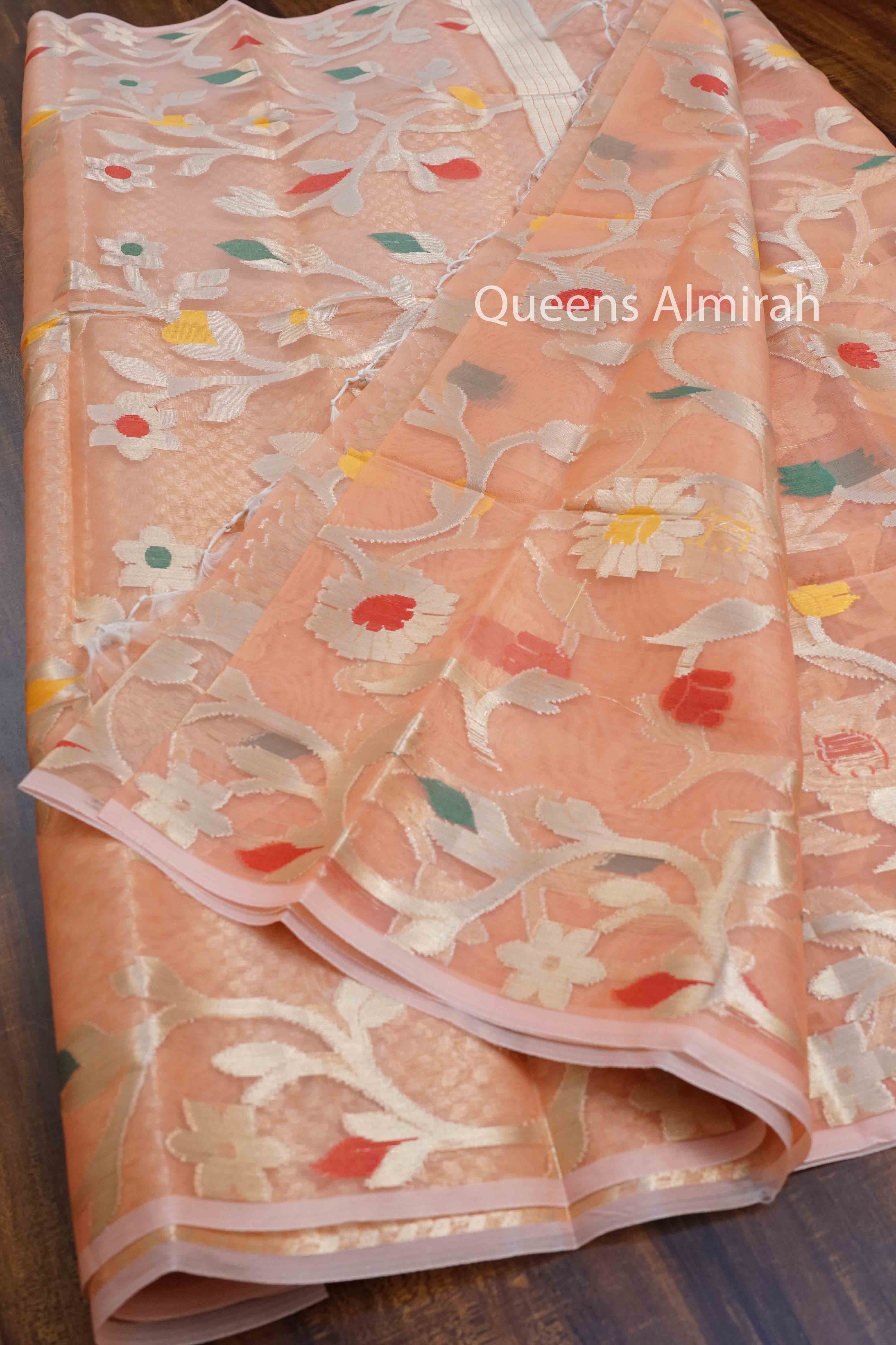 DARK PEACH MUSLIN JAMDANI SAREE - Queens Jewel Emporium