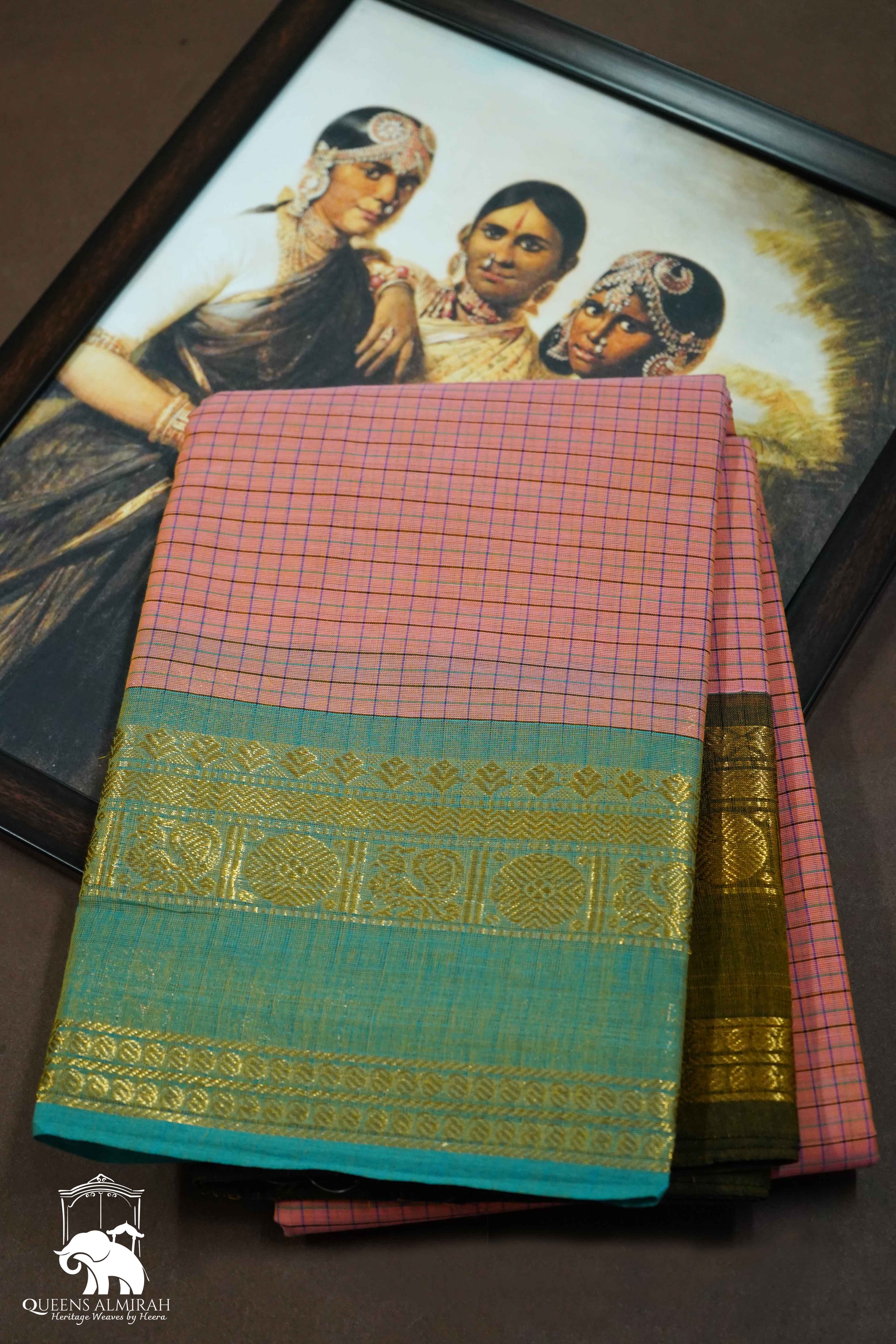 DARK PEACH WITH GREEN KANCHI COTTON SAREE - Queens Jewel Emporium