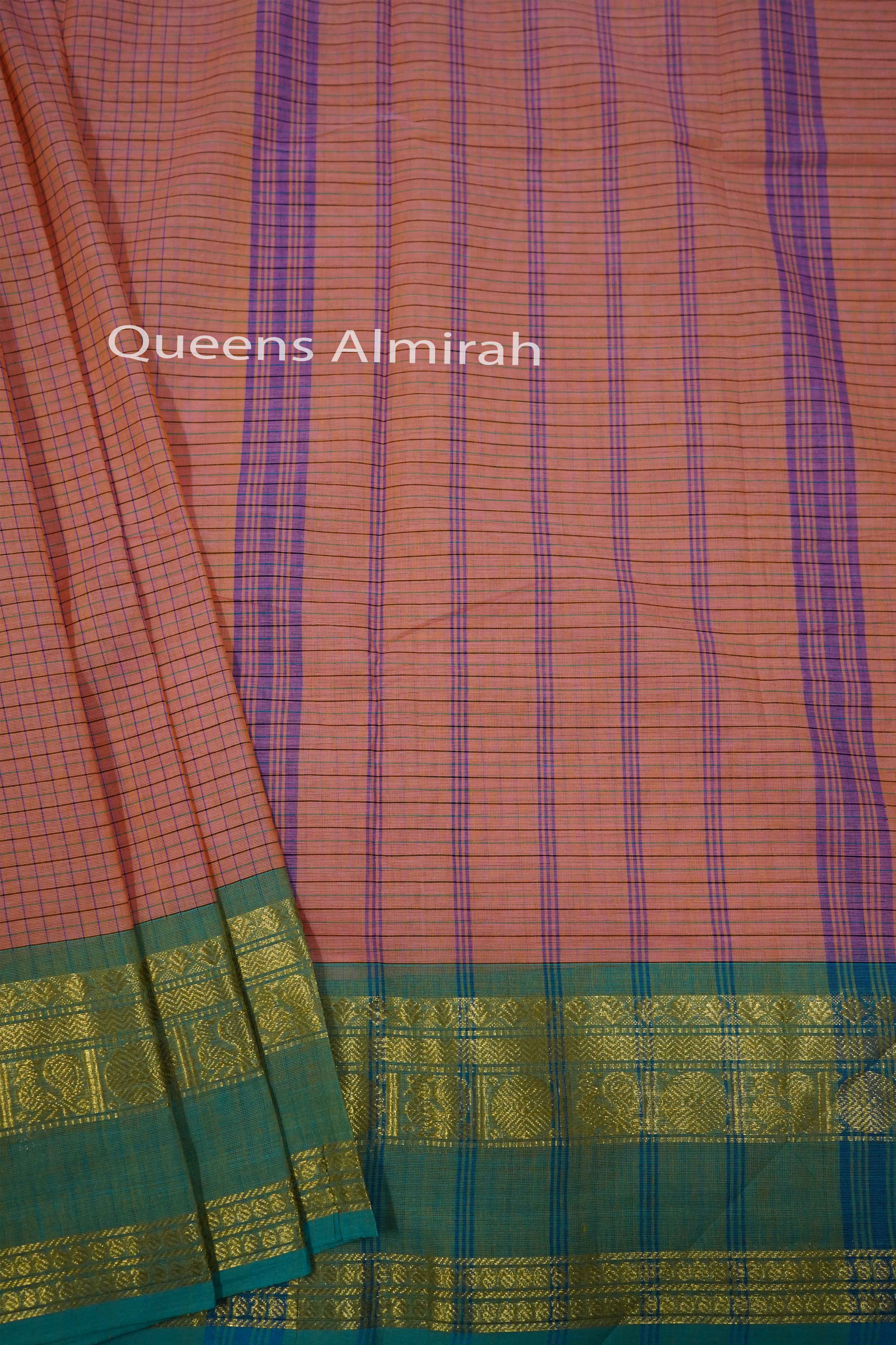 DARK PEACH WITH GREEN KANCHI COTTON SAREE - Queens Jewel Emporium