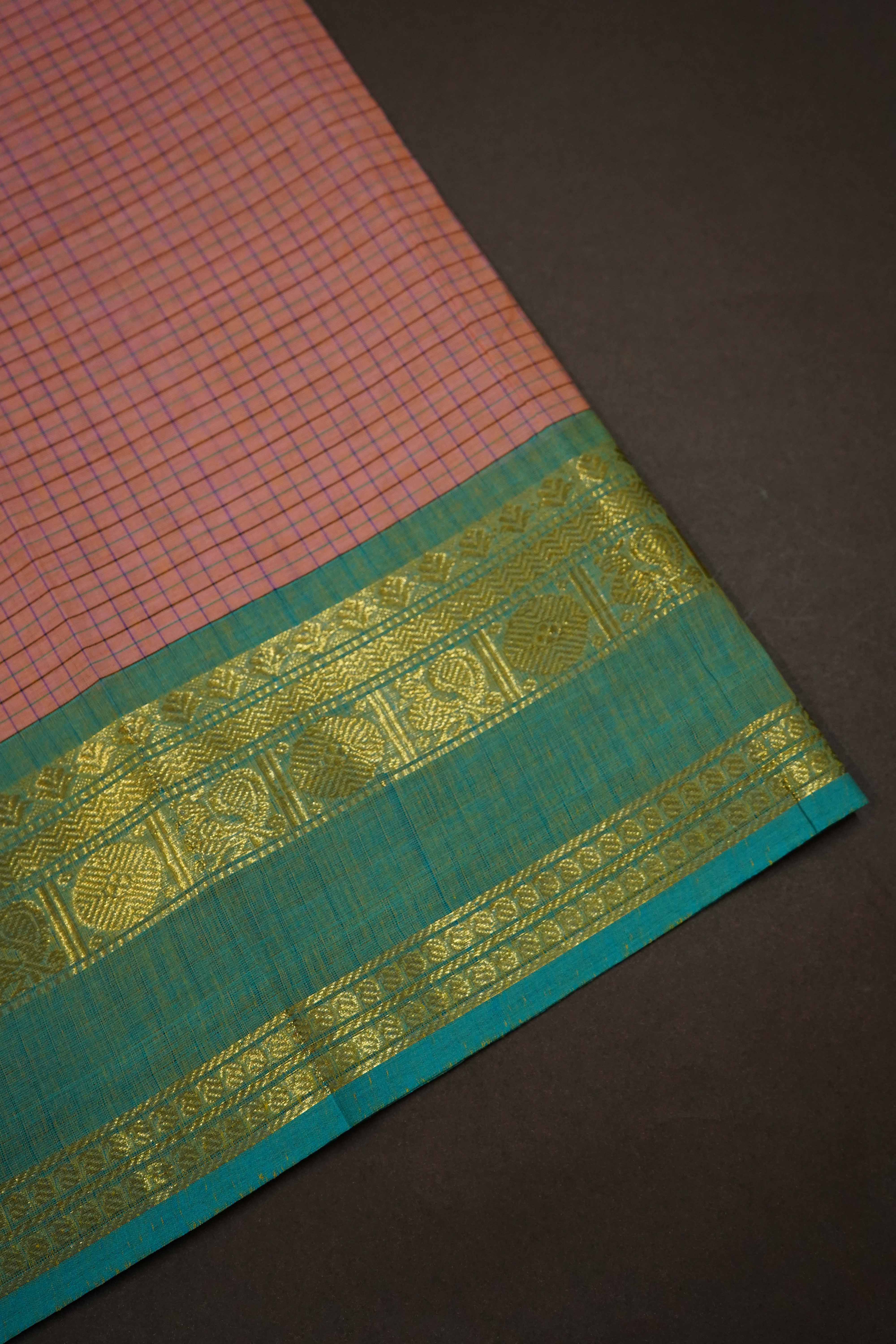 DARK PEACH WITH GREEN KANCHI COTTON SAREE - Queens Jewel Emporium