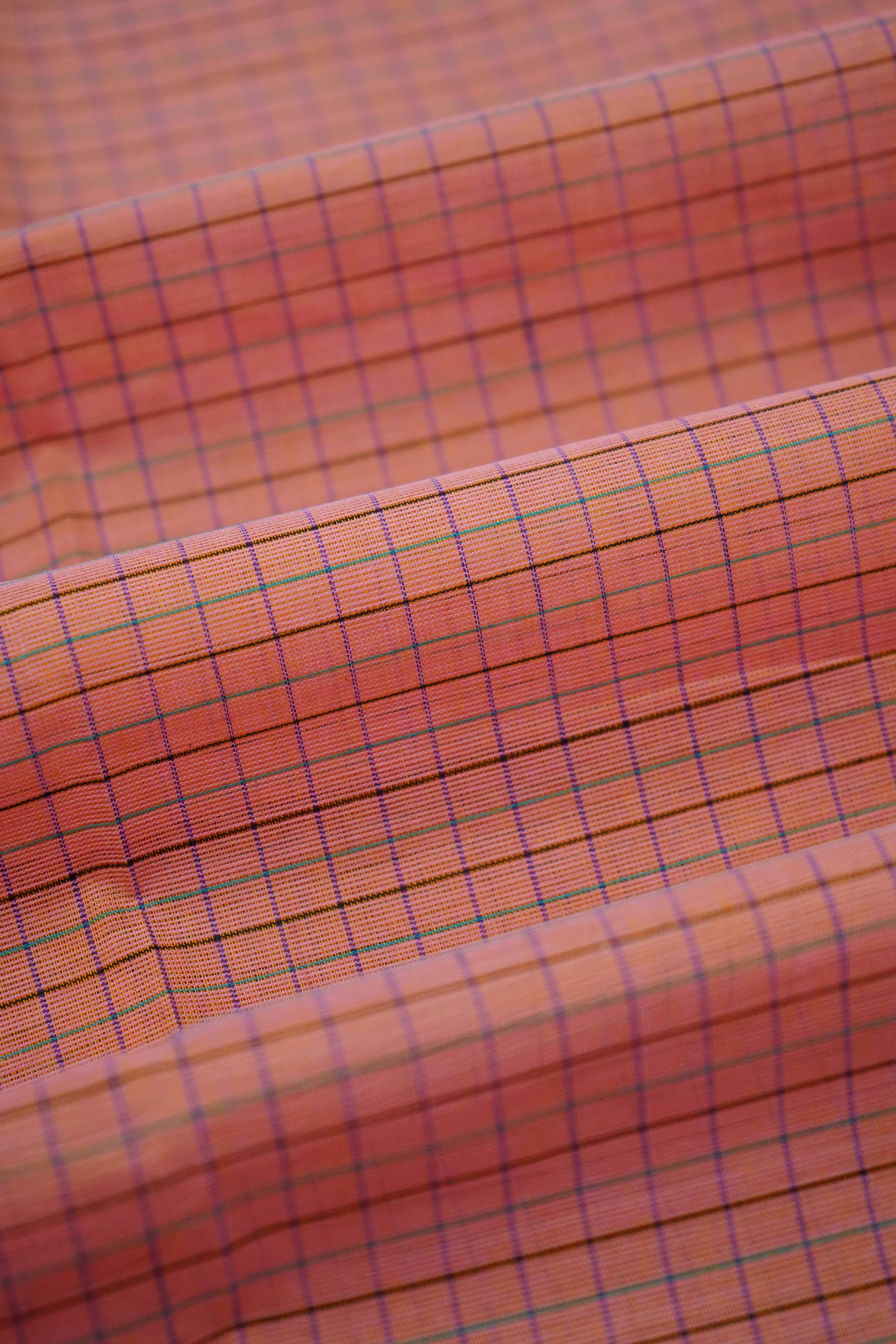 DARK PEACH WITH GREEN KANCHI COTTON SAREE - Queens Jewel Emporium