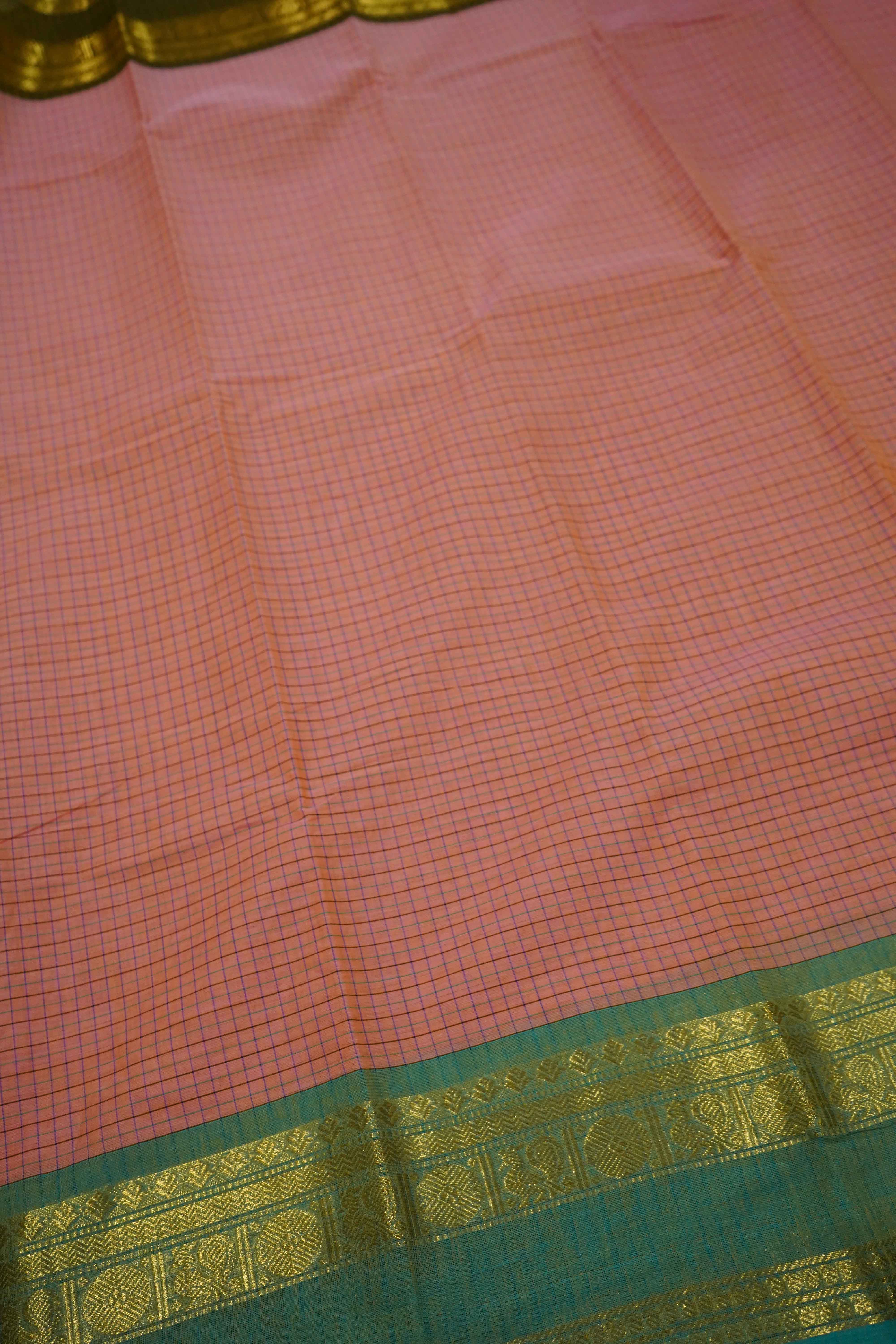 DARK PEACH WITH GREEN KANCHI COTTON SAREE - Queens Jewel Emporium