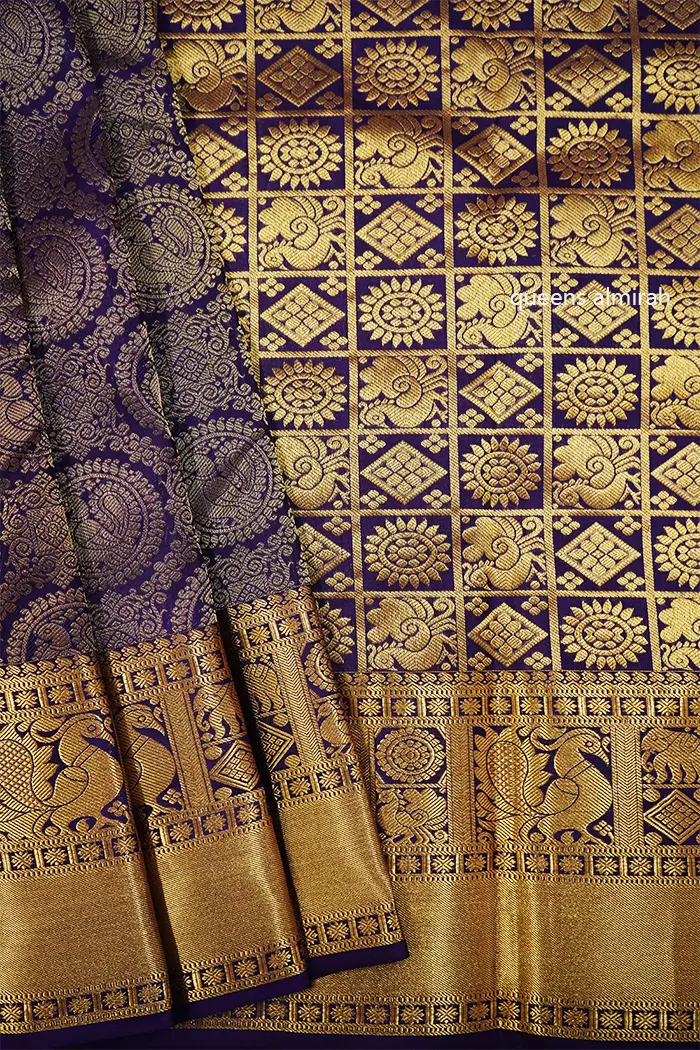 DARK PURPLE WITH GOLDEN PURE KANCHIVARAM SILK SAREE - Queens Jewel Emporium