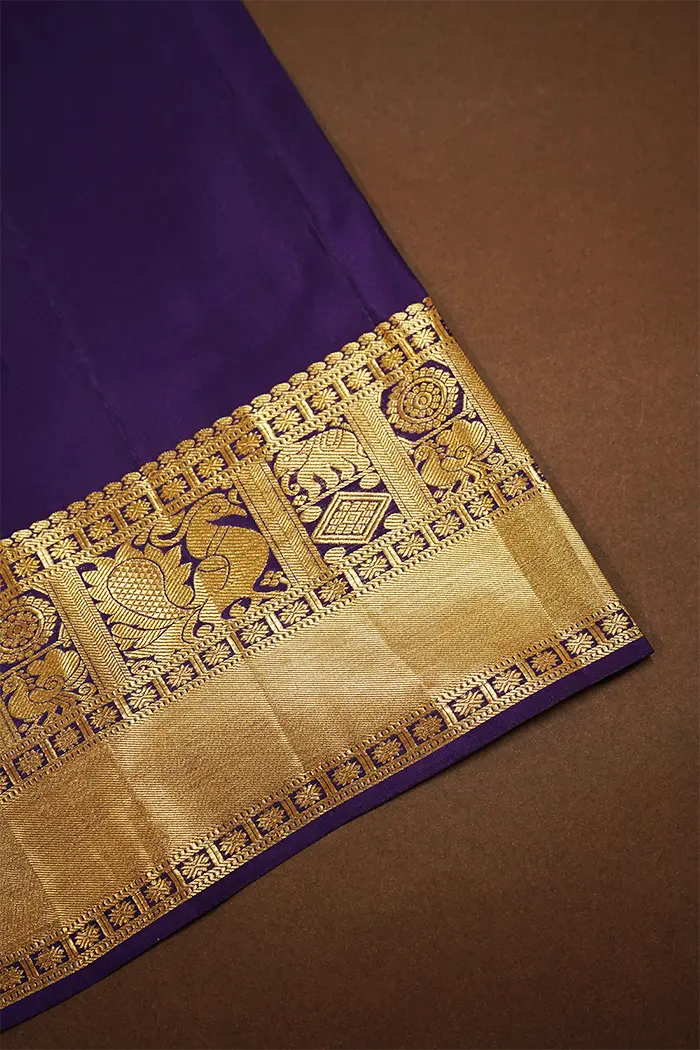 DARK PURPLE WITH GOLDEN PURE KANCHIVARAM SILK SAREE - Queens Jewel Emporium