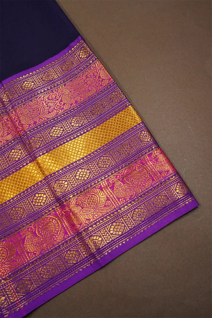 DARK PURPLE WITH LONG MULTI COLOUR BORDER NARAYANPET COTTON SAREEE - Queens Jewel Emporium