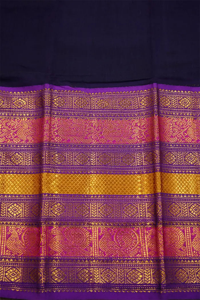 DARK PURPLE WITH LONG MULTI COLOUR BORDER NARAYANPET COTTON SAREEE - Queens Jewel Emporium