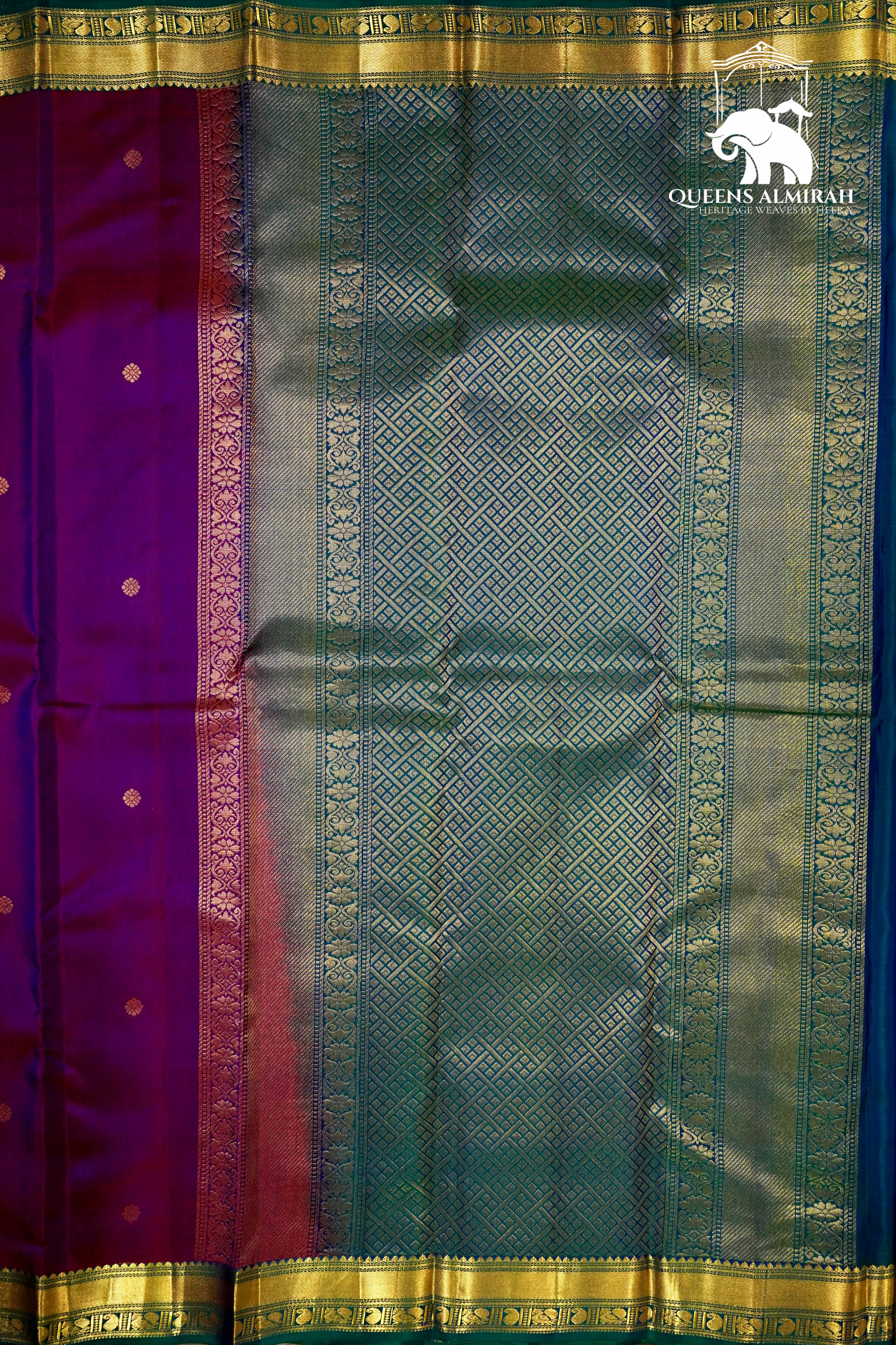 DARK PURPLE WITH NAVY GREEN KANCHIVARAM SILK SAREE - Queens Jewel Emporium