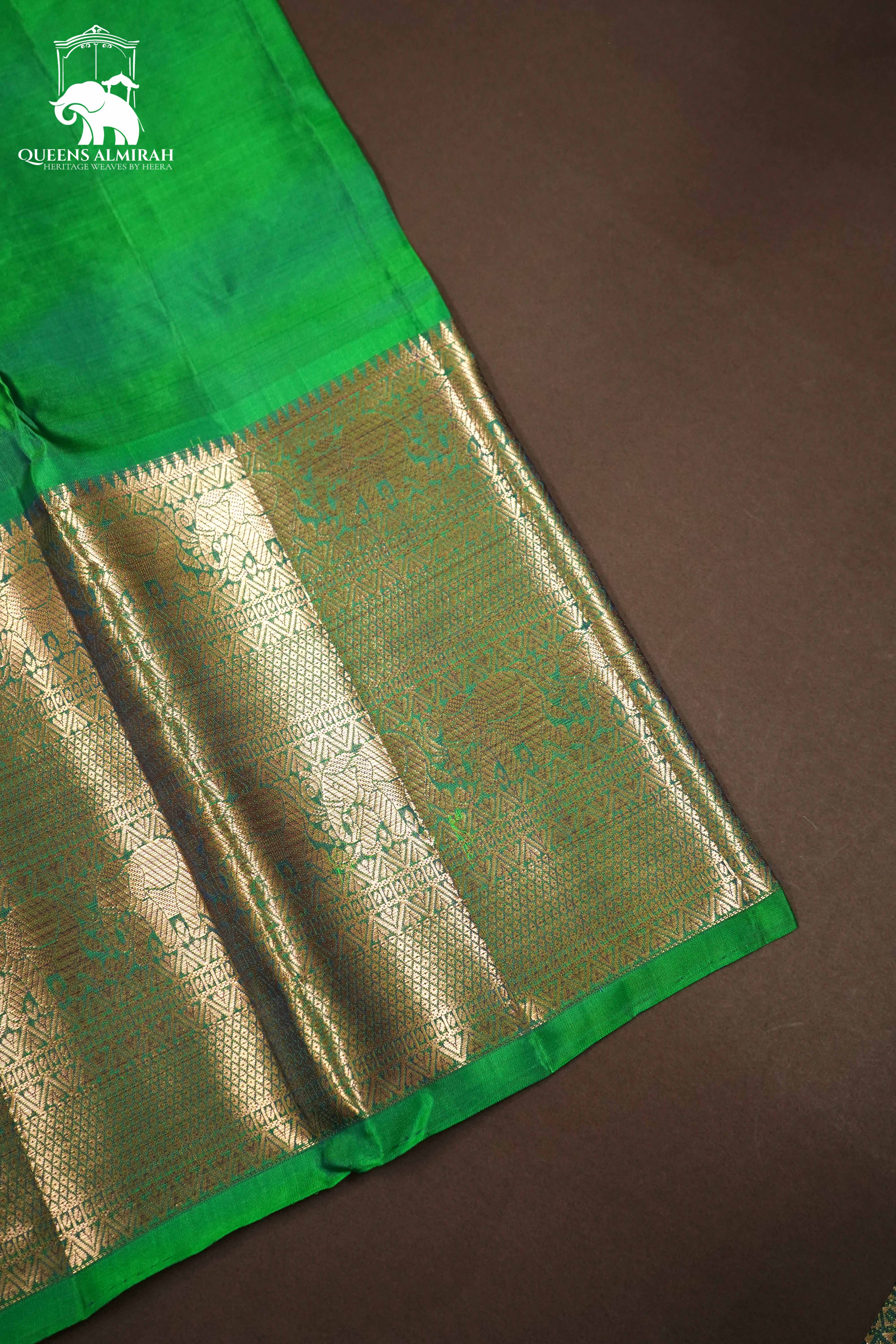 DARK PURPLE WITH SPRING GREEN KANCHIVARAM SILK SAREE - Queens Jewel Emporium