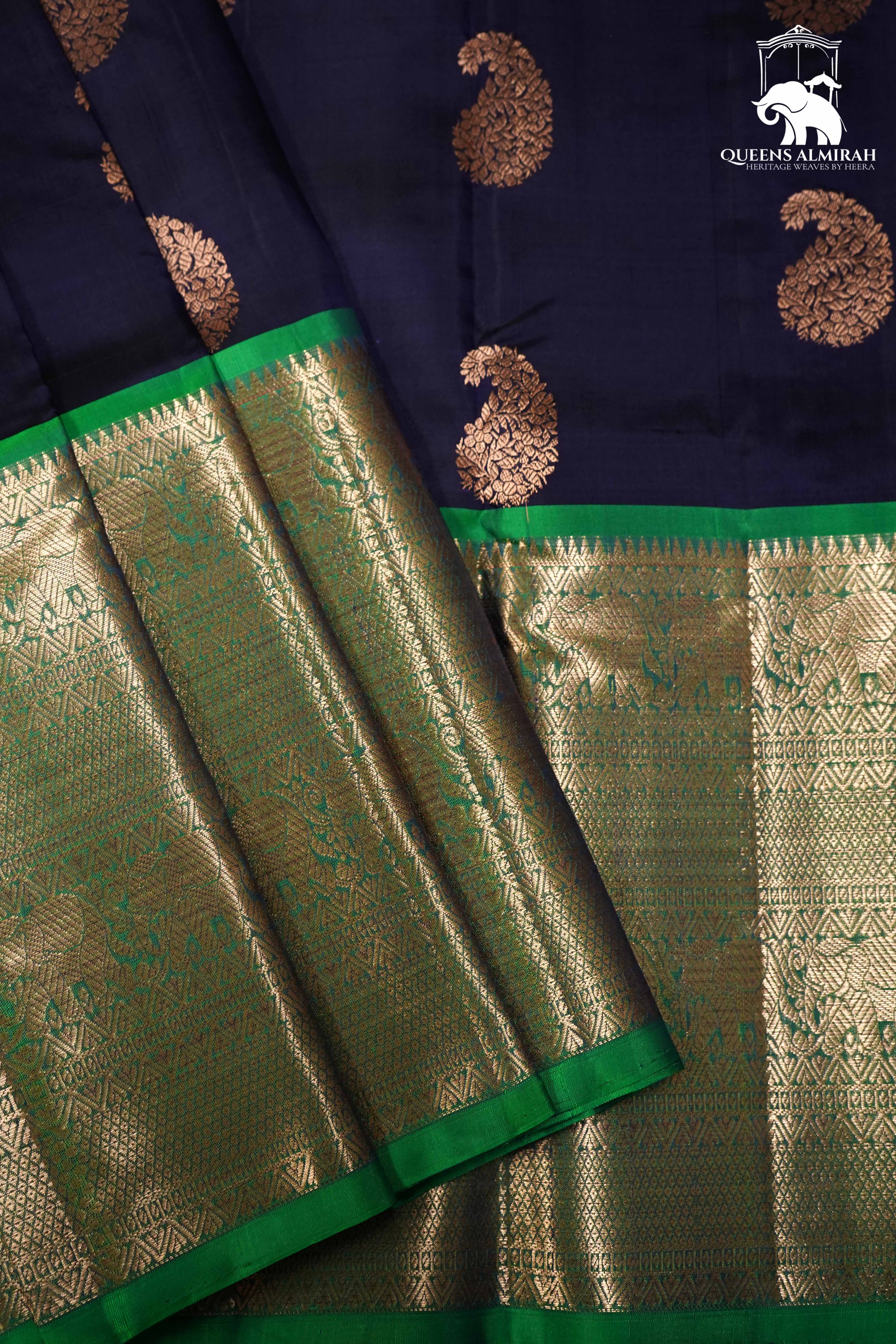 DARK PURPLE WITH SPRING GREEN KANCHIVARAM SILK SAREE - Queens Jewel Emporium