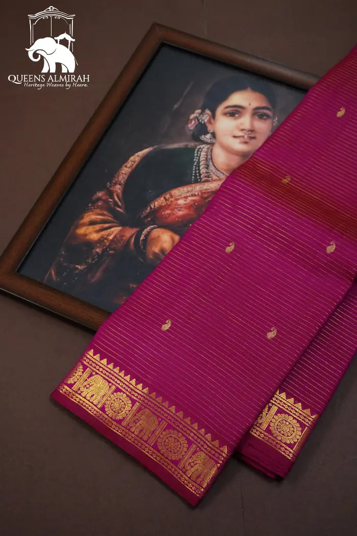 DARK RASPBERRY THIN GOLDEN BORDER PURE KANCHIVARAM SILK SAREE - Queens Jewel Emporium