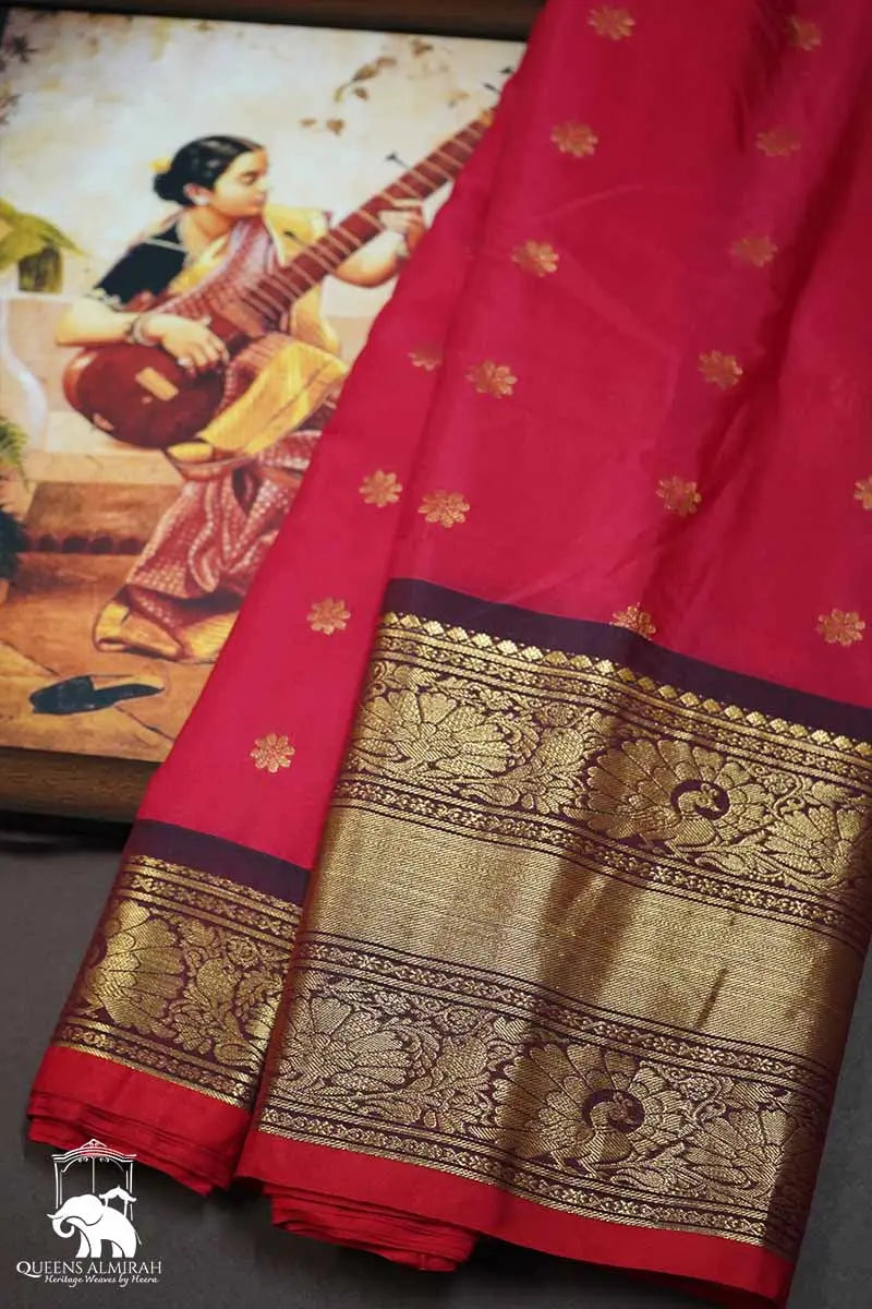DARK RED WITH COCO BROWN MANGALGIRI GADWALSAREE - Queens Jewel Emporium