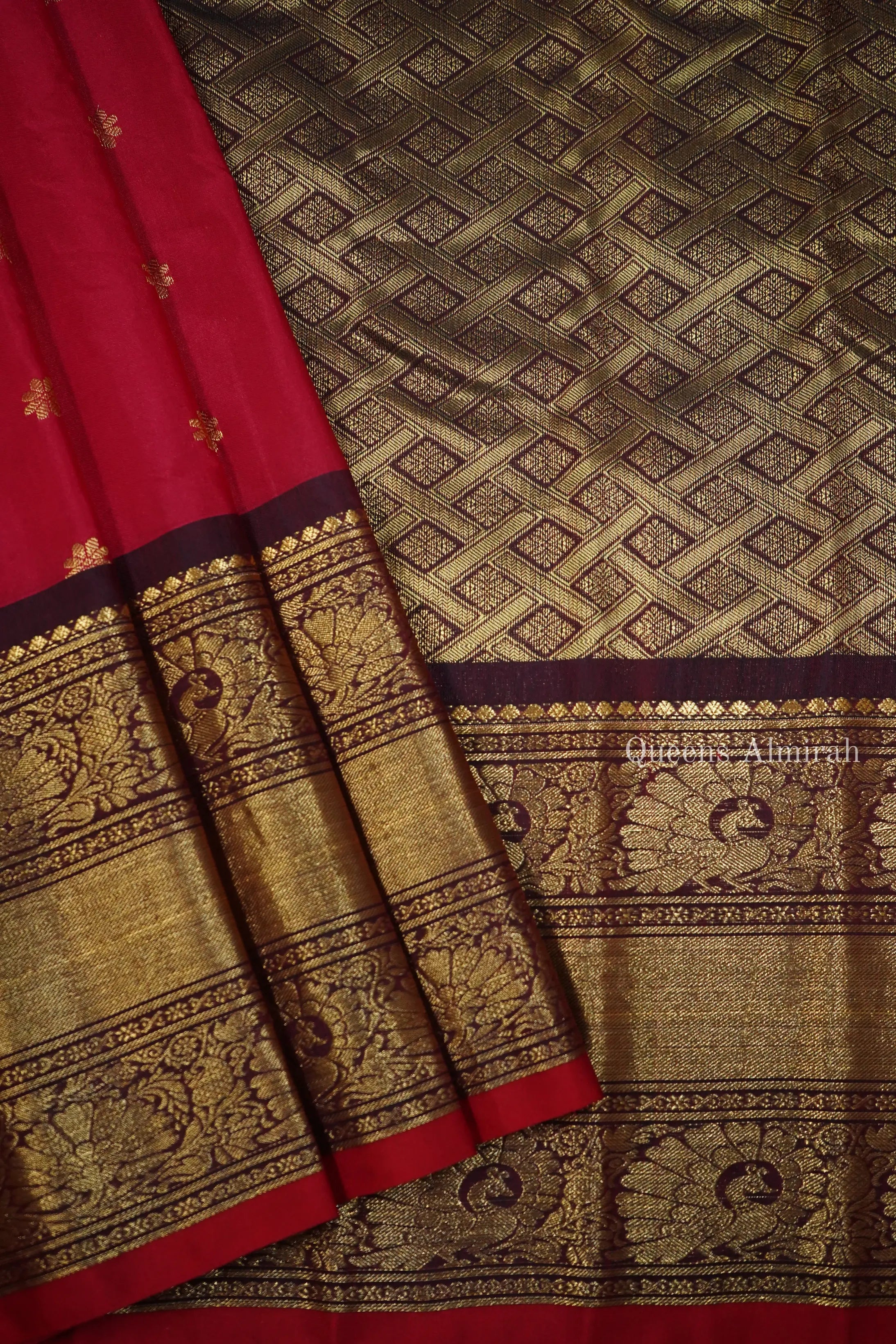 DARK RED WITH COCO BROWN MANGALGIRI GADWALSAREE - Queens Jewel Emporium