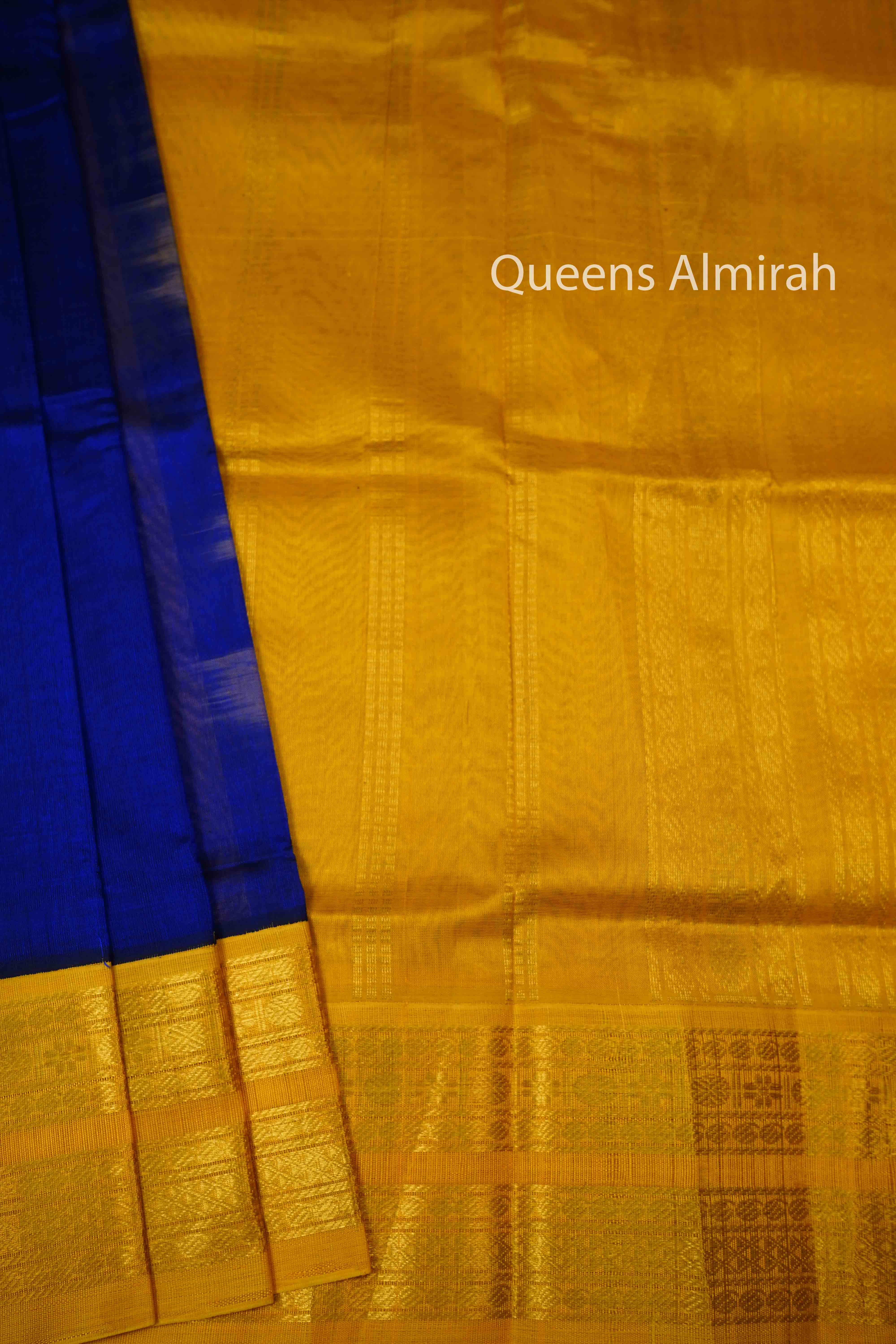 DARK ROYAL BLUE WITH MUSTARD YELLOW PURE KANCHI SILK COTTON SAREE - Queens Jewel Emporium