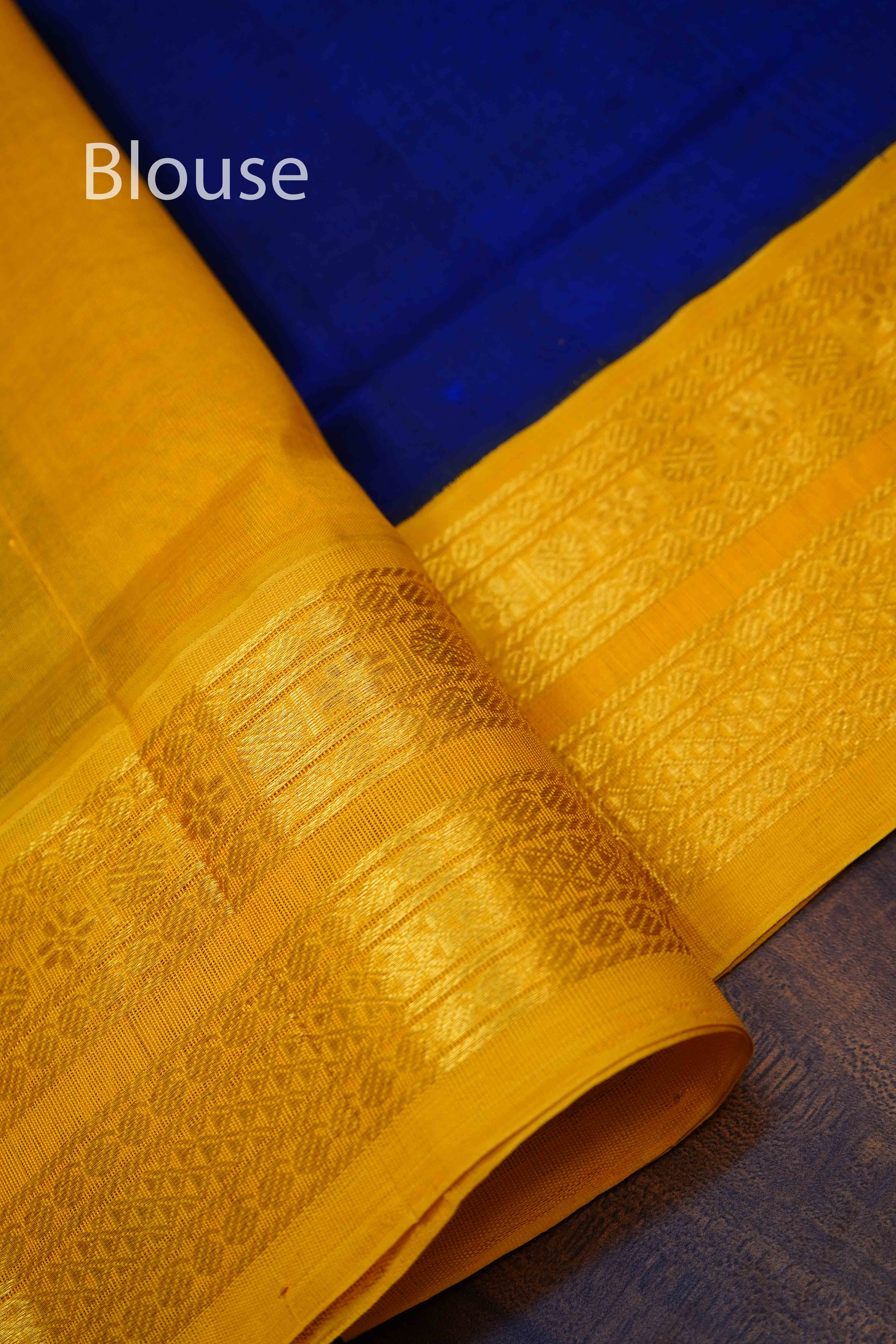 DARK ROYAL BLUE WITH MUSTARD YELLOW PURE KANCHI SILK COTTON SAREE - Queens Jewel Emporium