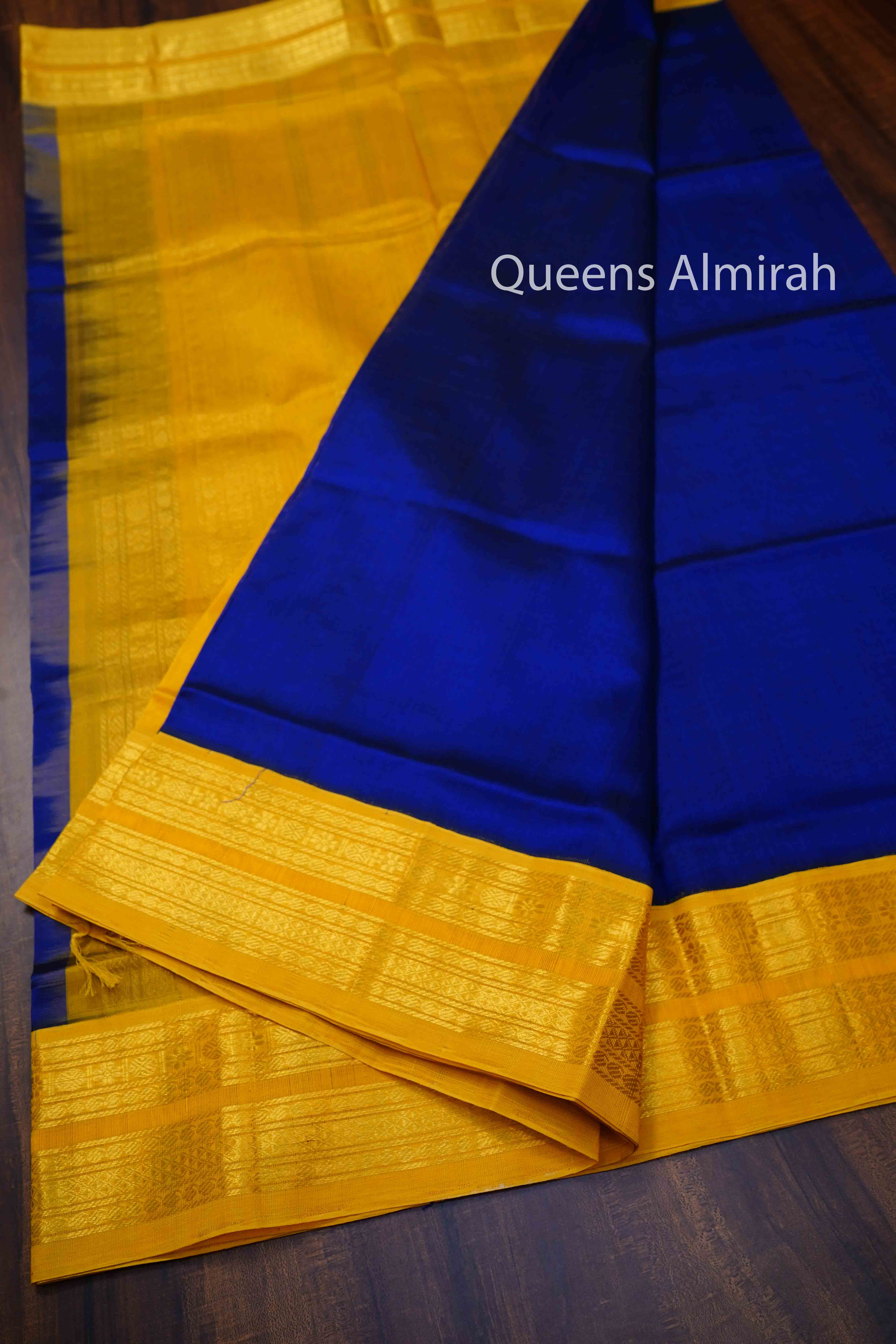 DARK ROYAL BLUE WITH MUSTARD YELLOW PURE KANCHI SILK COTTON SAREE - Queens Jewel Emporium