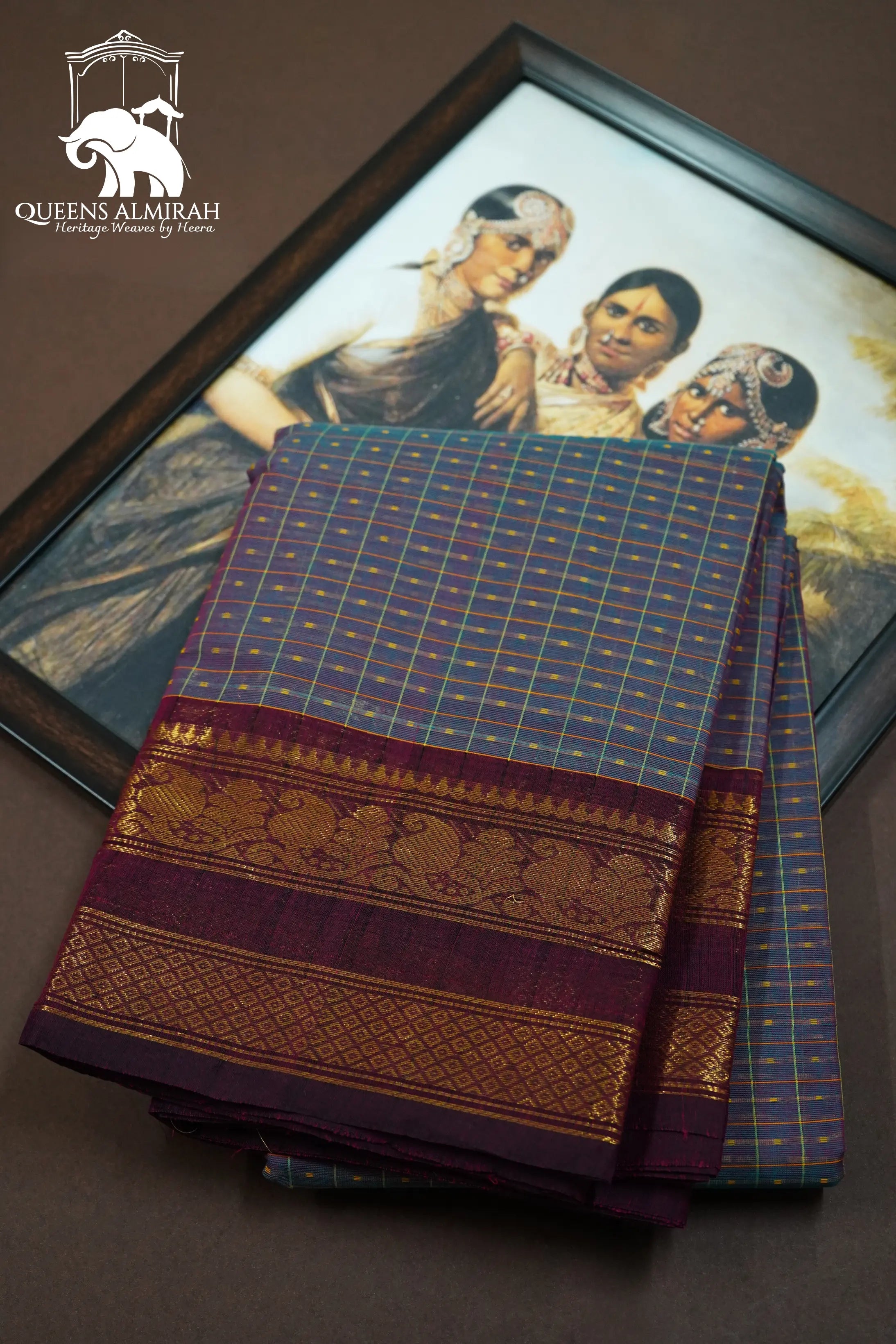DARK SLATE GREY WITH COCOA BEAN KANCHI COTTON SAREE - Queens Jewel Emporium