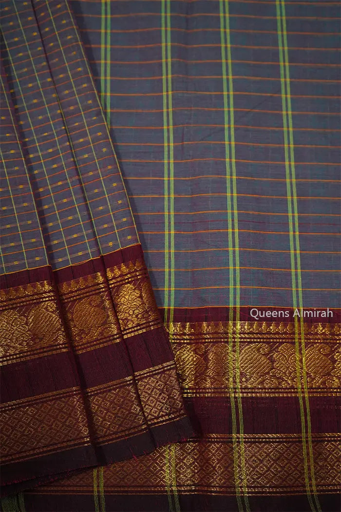 DARK SLATE GREY WITH COCOA BEAN KANCHI COTTON SAREE - Queens Jewel Emporium