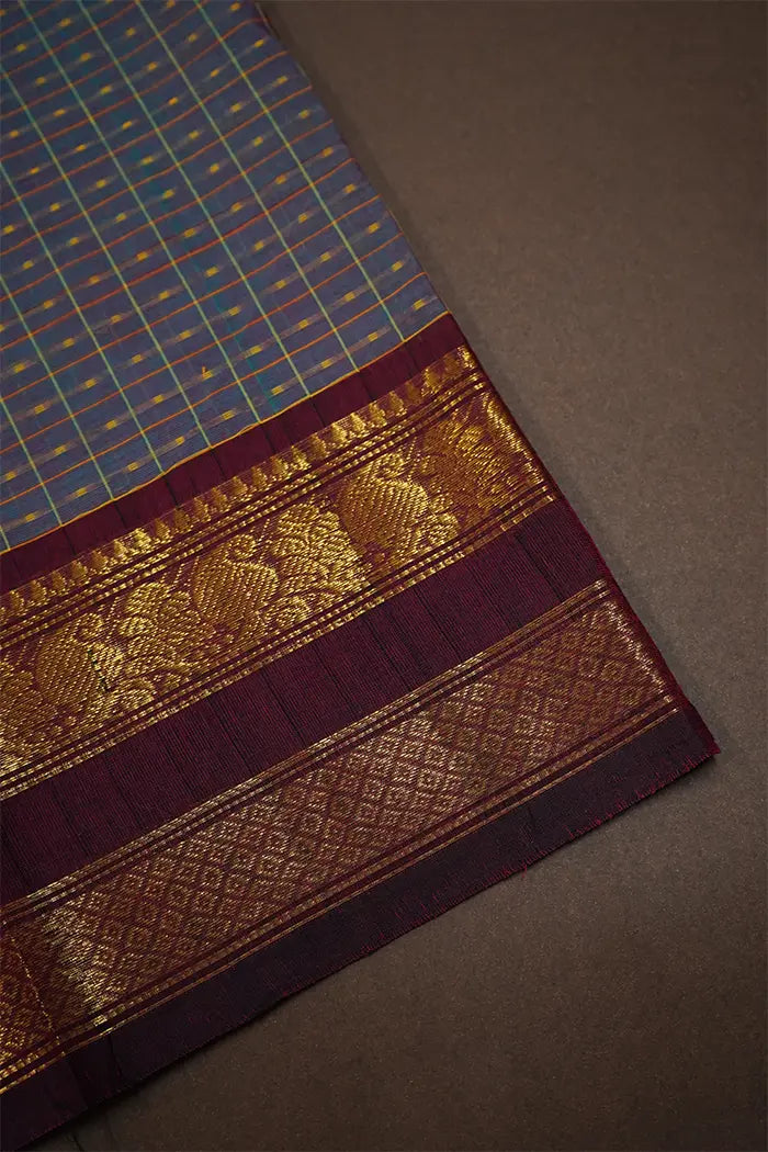 DARK SLATE GREY WITH COCOA BEAN KANCHI COTTON SAREE - Queens Jewel Emporium