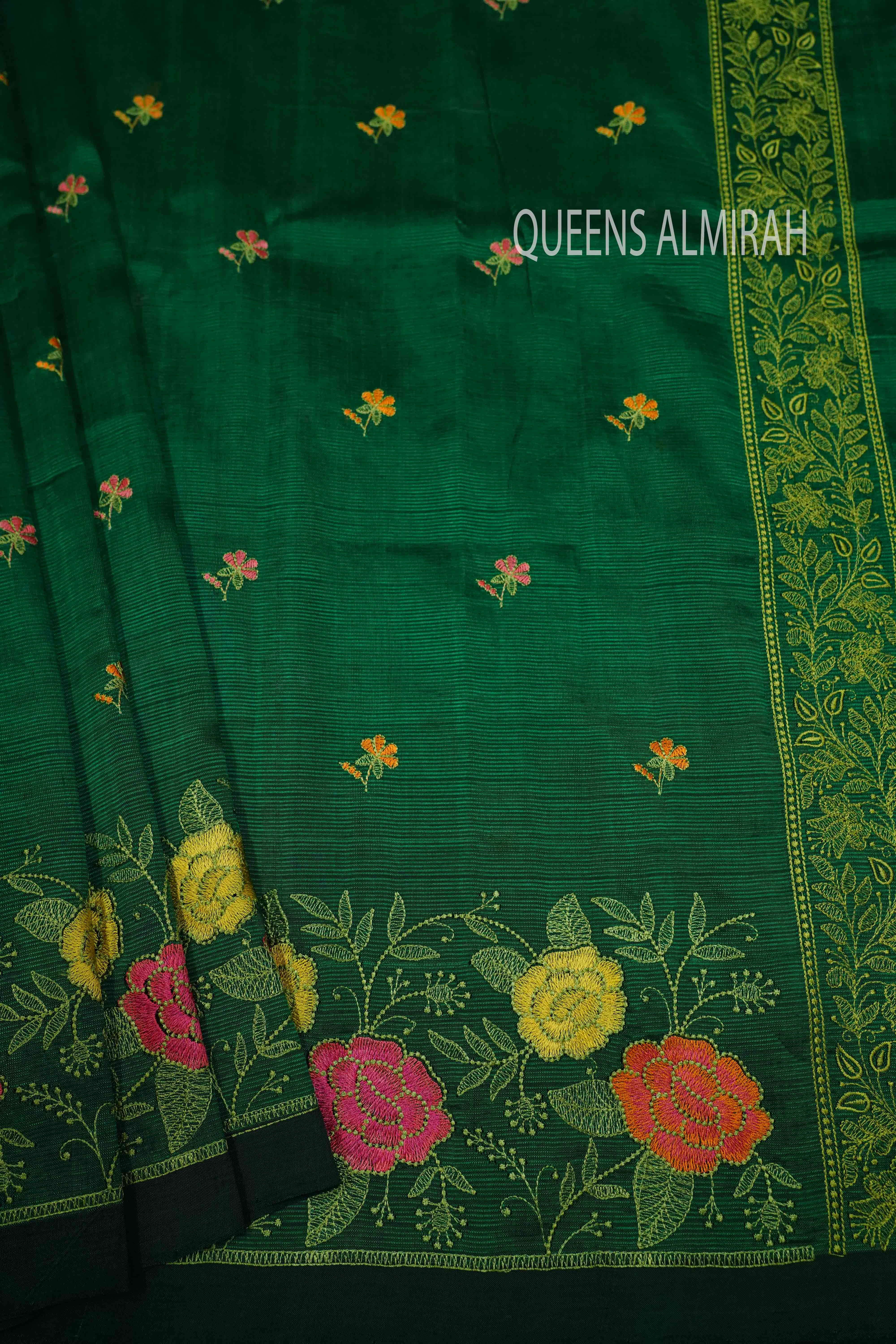 DARK SPRING GREEN MANGALGIRI WITH EMBROIDERY SAREE - Queens Jewel Emporium