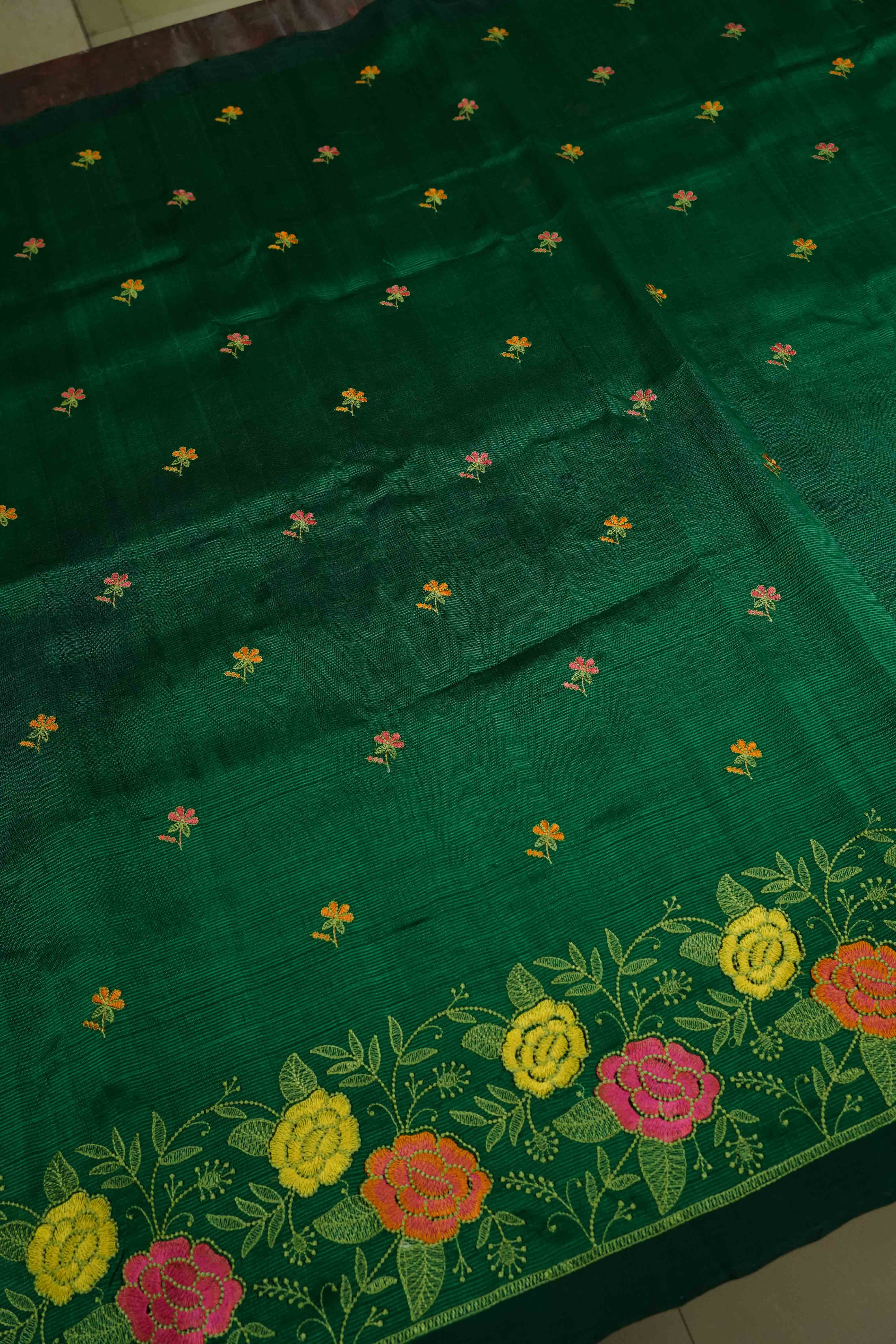 DARK SPRING GREEN MANGALGIRI WITH EMBROIDERY SAREE - Queens Jewel Emporium