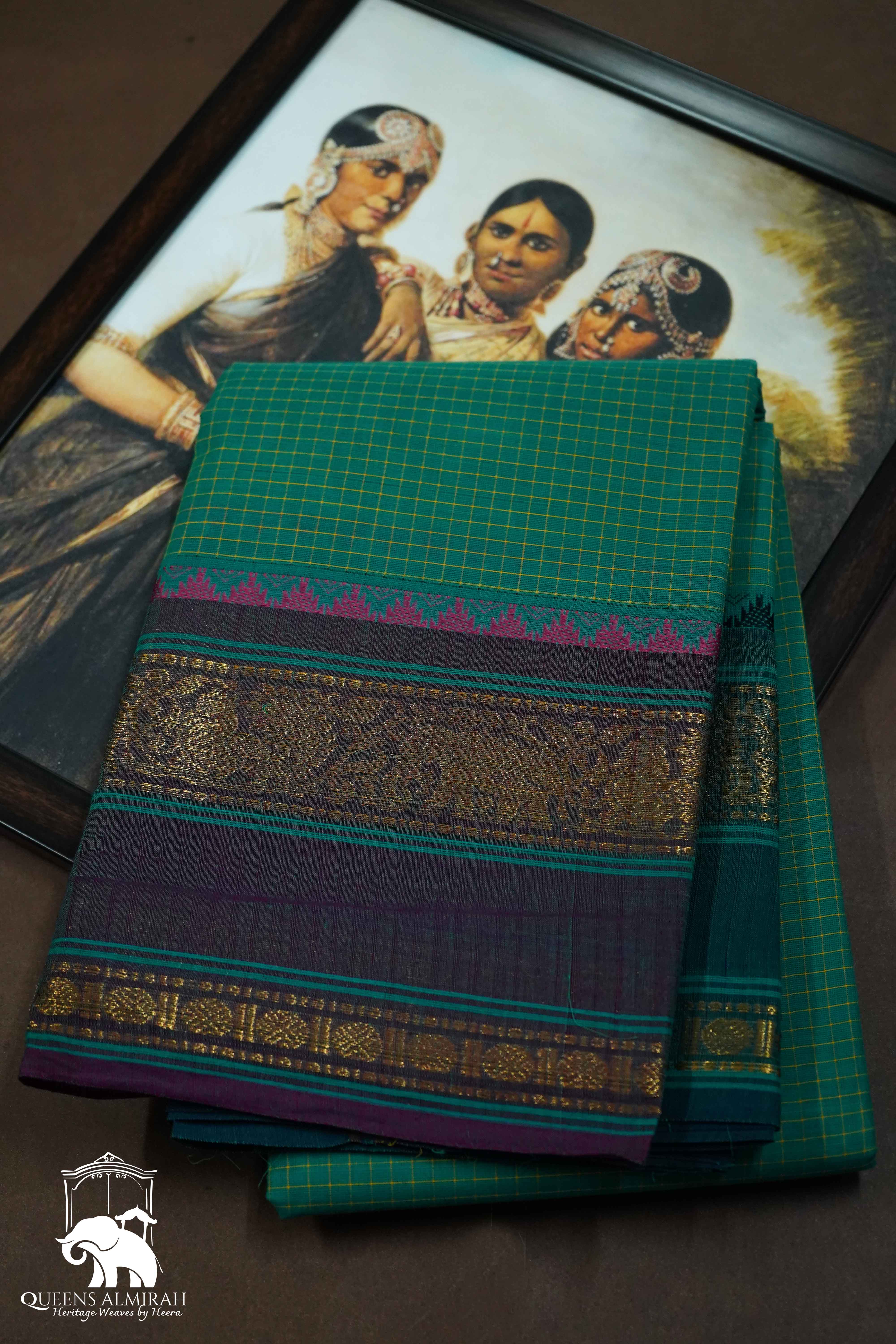DEEP AQUA GREEN WITH DIRTY PURPLE KANCHI COTTON SAREE - Queens Jewel Emporium