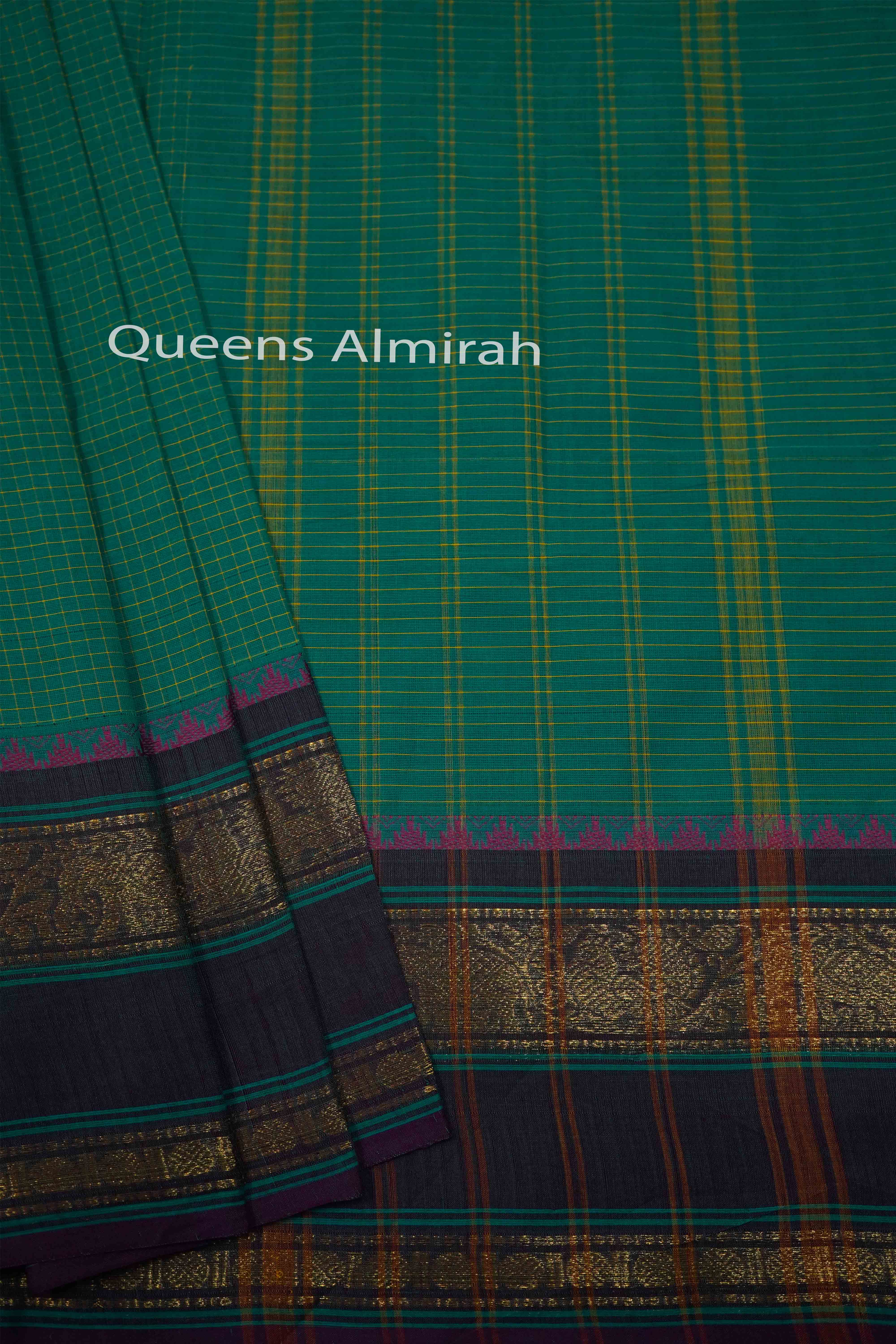 DEEP AQUA GREEN WITH DIRTY PURPLE KANCHI COTTON SAREE - Queens Jewel Emporium