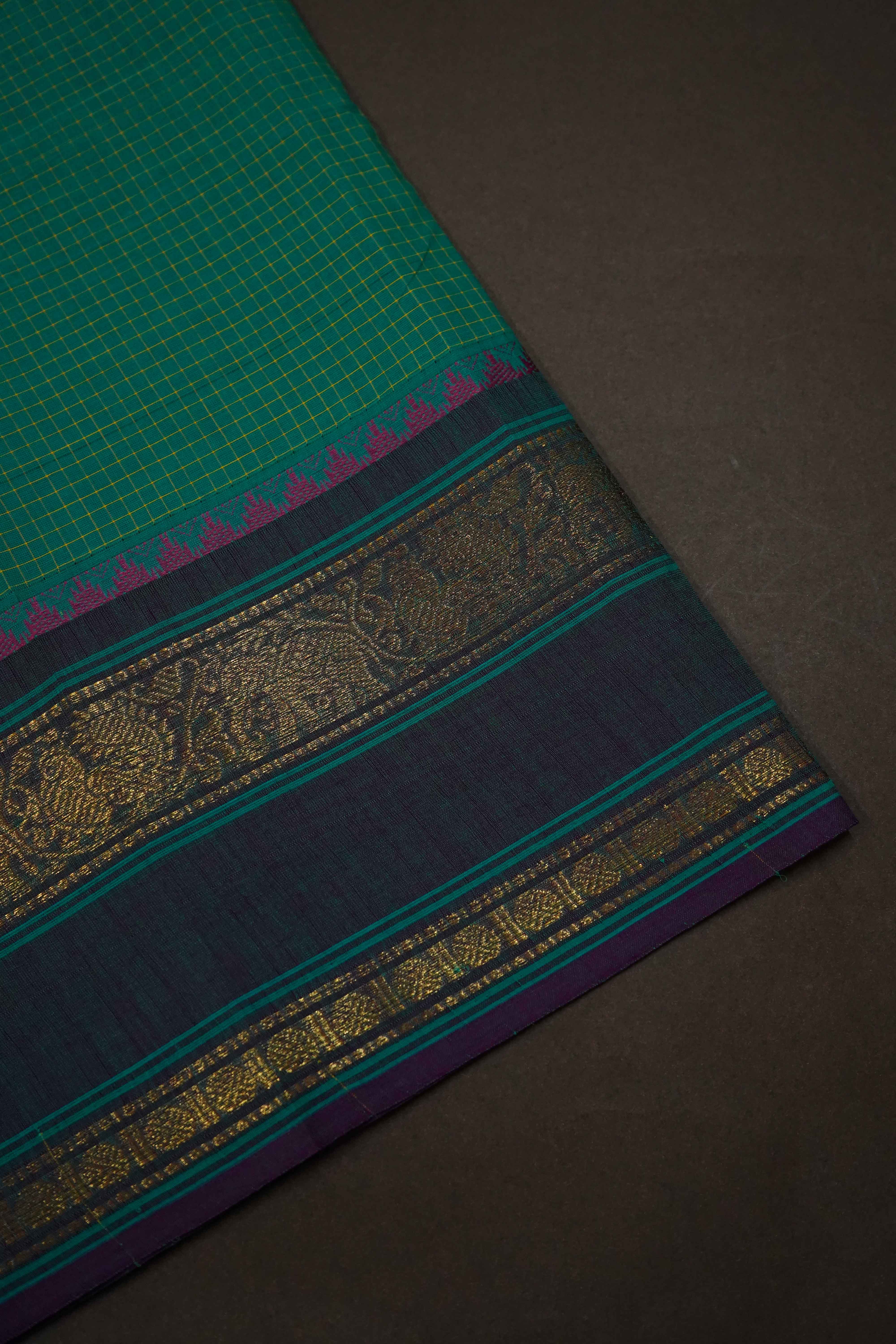 DEEP AQUA GREEN WITH DIRTY PURPLE KANCHI COTTON SAREE - Queens Jewel Emporium